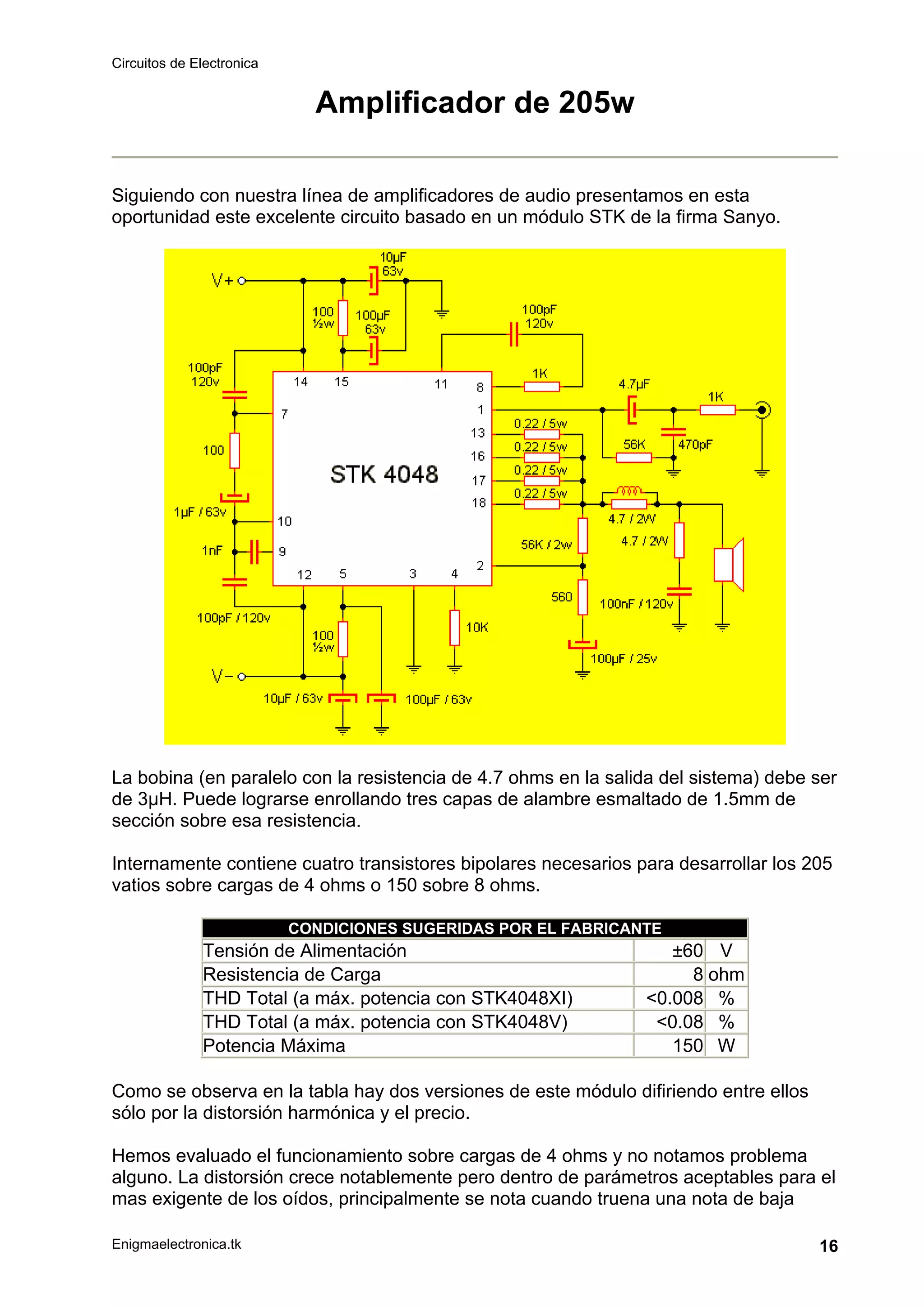Circuitos de Electronica
Enigmaelectronica.tk 16
Amplificador de 205w
Siguiendo con nuestra línea de amplificadores de audio presentamos en esta
oportunidad este excelente circuito basado en un módulo STK de la firma Sanyo.
La bobina (en paralelo con la resistencia de 4.7 ohms en la salida del sistema) debe ser
de 3µH. Puede lograrse enrollando tres capas de alambre esmaltado de 1.5mm de
sección sobre esa resistencia.
Internamente contiene cuatro transistores bipolares necesarios para desarrollar los 205
vatios sobre cargas de 4 ohms o 150 sobre 8 ohms.
CONDICIONES SUGERIDAS POR EL FABRICANTE
Tensión de Alimentación ±60 V
Resistencia de Carga 8 ohm
THD Total (a máx. potencia con STK4048XI) <0.008 %
THD Total (a máx. potencia con STK4048V) <0.08 %
Potencia Máxima 150 W
Como se observa en la tabla hay dos versiones de este módulo difiriendo entre ellos
sólo por la distorsión harmónica y el precio.
Hemos evaluado el funcionamiento sobre cargas de 4 ohms y no notamos problema
alguno. La distorsión crece notablemente pero dentro de parámetros aceptables para el
mas exigente de los oídos, principalmente se nota cuando truena una nota de baja
 