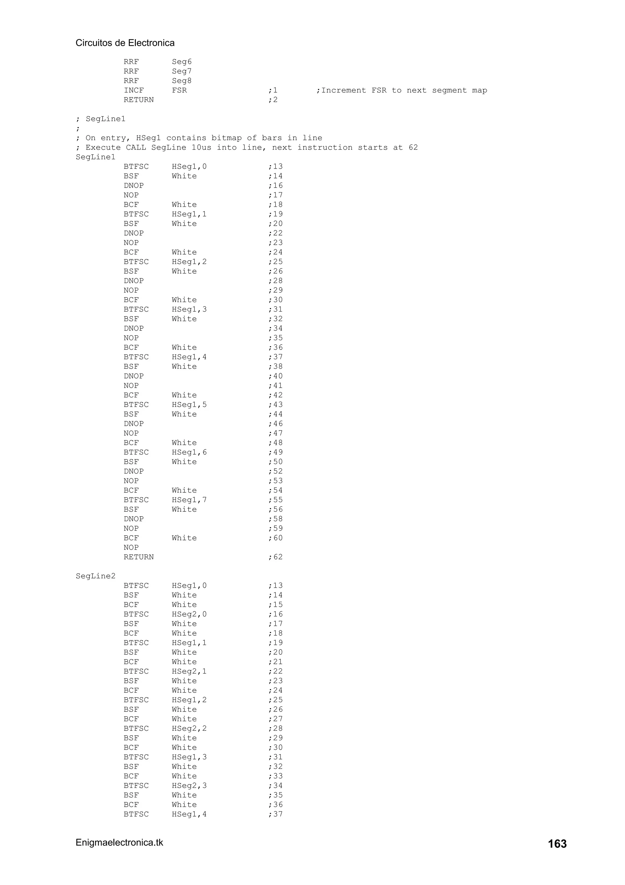 Circuitos de Electronica
Enigmaelectronica.tk 163
RRF Seg6
RRF Seg7
RRF Seg8
INCF FSR ;1 ;Increment FSR to next segment map
RETURN ;2
; SegLine1
;
; On entry, HSeg1 contains bitmap of bars in line
; Execute CALL SegLine 10us into line, next instruction starts at 62
SegLine1
BTFSC HSeg1,0 ;13
BSF White ;14
DNOP ;16
NOP ;17
BCF White ;18
BTFSC HSeg1,1 ;19
BSF White ;20
DNOP ;22
NOP ;23
BCF White ;24
BTFSC HSeg1,2 ;25
BSF White ;26
DNOP ;28
NOP ;29
BCF White ;30
BTFSC HSeg1,3 ;31
BSF White ;32
DNOP ;34
NOP ;35
BCF White ;36
BTFSC HSeg1,4 ;37
BSF White ;38
DNOP ;40
NOP ;41
BCF White ;42
BTFSC HSeg1,5 ;43
BSF White ;44
DNOP ;46
NOP ;47
BCF White ;48
BTFSC HSeg1,6 ;49
BSF White ;50
DNOP ;52
NOP ;53
BCF White ;54
BTFSC HSeg1,7 ;55
BSF White ;56
DNOP ;58
NOP ;59
BCF White ;60
NOP
RETURN ;62
SegLine2
BTFSC HSeg1,0 ;13
BSF White ;14
BCF White ;15
BTFSC HSeg2,0 ;16
BSF White ;17
BCF White ;18
BTFSC HSeg1,1 ;19
BSF White ;20
BCF White ;21
BTFSC HSeg2,1 ;22
BSF White ;23
BCF White ;24
BTFSC HSeg1,2 ;25
BSF White ;26
BCF White ;27
BTFSC HSeg2,2 ;28
BSF White ;29
BCF White ;30
BTFSC HSeg1,3 ;31
BSF White ;32
BCF White ;33
BTFSC HSeg2,3 ;34
BSF White ;35
BCF White ;36
BTFSC HSeg1,4 ;37
 