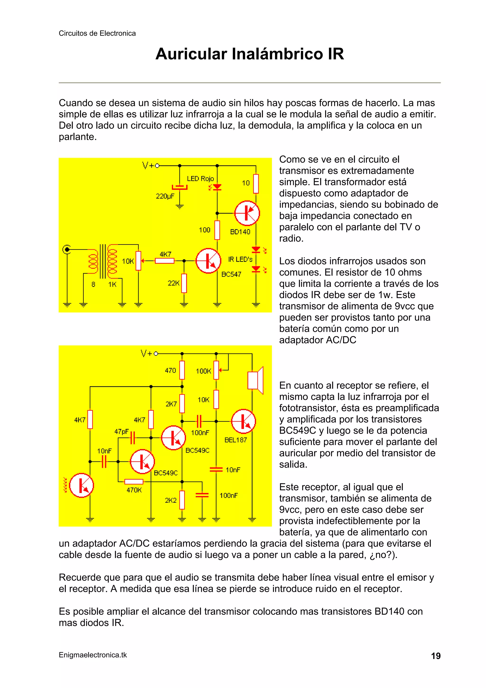Circuitos de Electronica
Enigmaelectronica.tk 19
Auricular Inalámbrico IR
Cuando se desea un sistema de audio sin hilos hay poscas formas de hacerlo. La mas
simple de ellas es utilizar luz infrarroja a la cual se le modula la señal de audio a emitir.
Del otro lado un circuito recibe dicha luz, la demodula, la amplifica y la coloca en un
parlante.
Como se ve en el circuito el
transmisor es extremadamente
simple. El transformador está
dispuesto como adaptador de
impedancias, siendo su bobinado de
baja impedancia conectado en
paralelo con el parlante del TV o
radio.
Los diodos infrarrojos usados son
comunes. El resistor de 10 ohms
que limita la corriente a través de los
diodos IR debe ser de 1w. Este
transmisor de alimenta de 9vcc que
pueden ser provistos tanto por una
batería común como por un
adaptador AC/DC
En cuanto al receptor se refiere, el
mismo capta la luz infrarroja por el
fototransistor, ésta es preamplificada
y amplificada por los transistores
BC549C y luego se le da potencia
suficiente para mover el parlante del
auricular por medio del transistor de
salida.
Este receptor, al igual que el
transmisor, también se alimenta de
9vcc, pero en este caso debe ser
provista indefectiblemente por la
batería, ya que de alimentarlo con
un adaptador AC/DC estaríamos perdiendo la gracia del sistema (para que evitarse el
cable desde la fuente de audio si luego va a poner un cable a la pared, ¿no?).
Recuerde que para que el audio se transmita debe haber línea visual entre el emisor y
el receptor. A medida que esa línea se pierde se introduce ruido en el receptor.
Es posible ampliar el alcance del transmisor colocando mas transistores BD140 con
mas diodos IR.
 