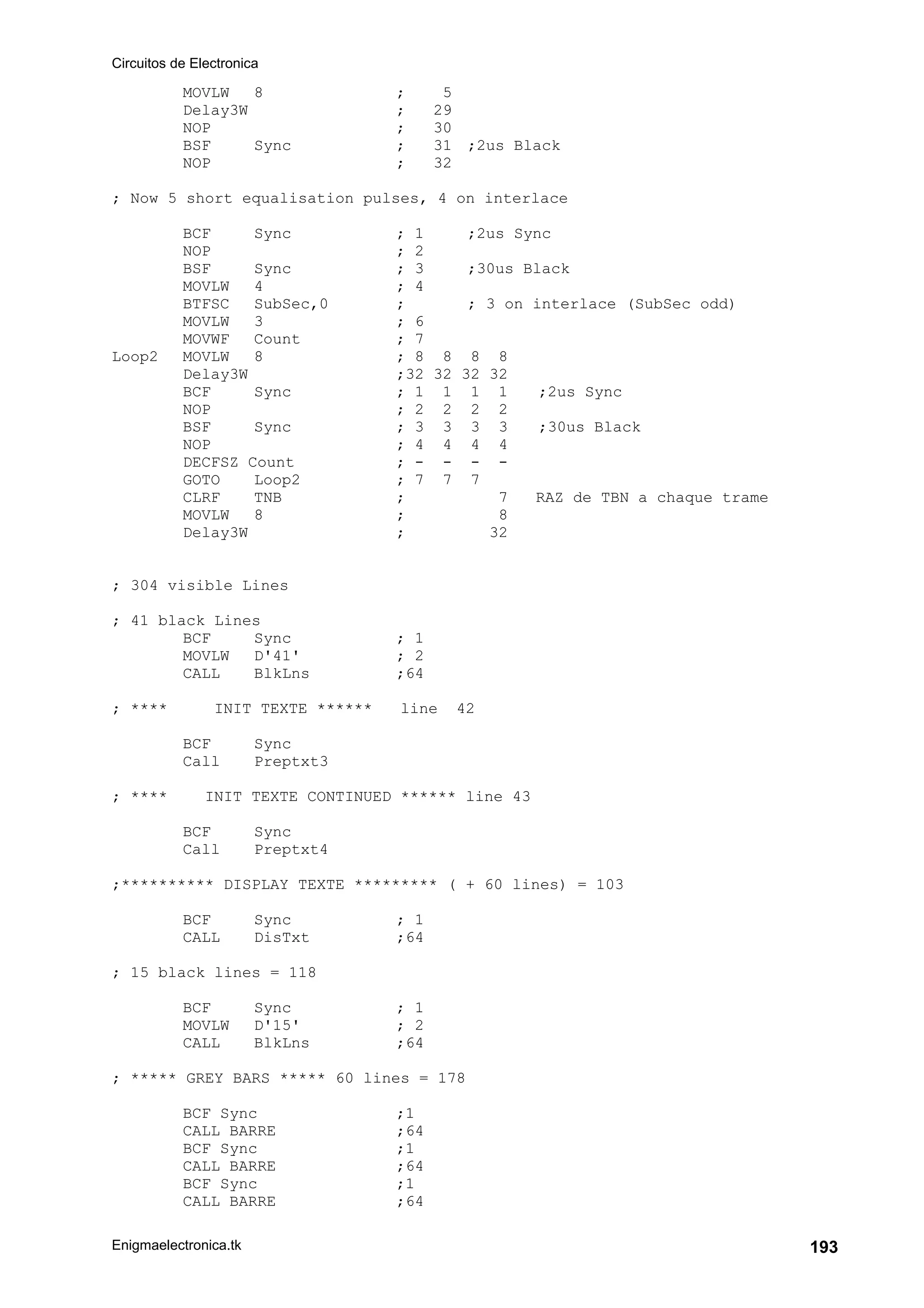 Circuitos de Electronica
Enigmaelectronica.tk 193
MOVLW 8 ; 5
Delay3W ; 29
NOP ; 30
BSF Sync ; 31 ;2us Black
NOP ; 32
; Now 5 short equalisation pulses, 4 on interlace
BCF Sync ; 1 ;2us Sync
NOP ; 2
BSF Sync ; 3 ;30us Black
MOVLW 4 ; 4
BTFSC SubSec,0 ; ; 3 on interlace (SubSec odd)
MOVLW 3 ; 6
MOVWF Count ; 7
Loop2 MOVLW 8 ; 8 8 8 8
Delay3W ;32 32 32 32
BCF Sync ; 1 1 1 1 ;2us Sync
NOP ; 2 2 2 2
BSF Sync ; 3 3 3 3 ;30us Black
NOP ; 4 4 4 4
DECFSZ Count ; - - - -
GOTO Loop2 ; 7 7 7
CLRF TNB ; 7 RAZ de TBN a chaque trame
MOVLW 8 ; 8
Delay3W ; 32
; 304 visible Lines
; 41 black Lines
BCF Sync ; 1
MOVLW D'41' ; 2
CALL BlkLns ;64
; **** INIT TEXTE ****** line 42
BCF Sync
Call Preptxt3
; **** INIT TEXTE CONTINUED ****** line 43
BCF Sync
Call Preptxt4
;********** DISPLAY TEXTE ********* ( + 60 lines) = 103
BCF Sync ; 1
CALL DisTxt ;64
; 15 black lines = 118
BCF Sync ; 1
MOVLW D'15' ; 2
CALL BlkLns ;64
; ***** GREY BARS ***** 60 lines = 178
BCF Sync ;1
CALL BARRE ;64
BCF Sync ;1
CALL BARRE ;64
BCF Sync ;1
CALL BARRE ;64
 
