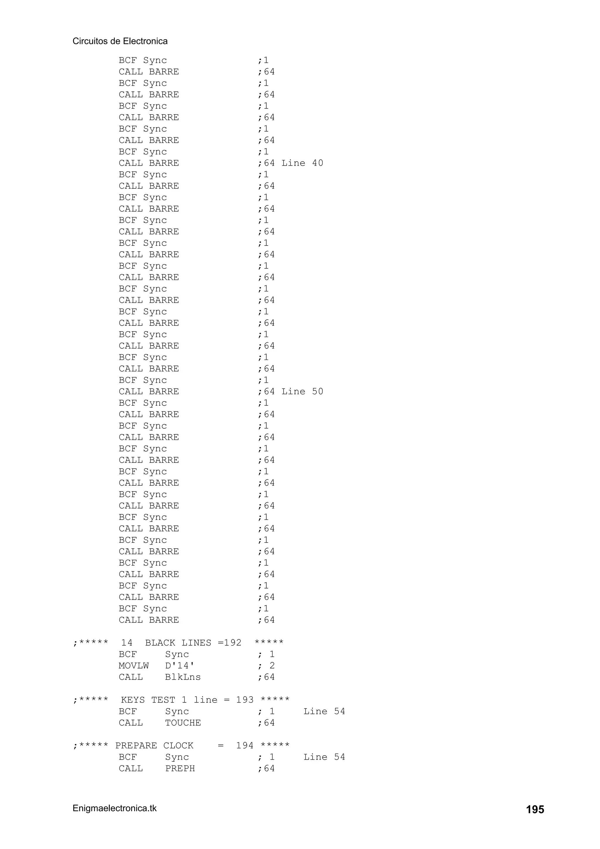 Circuitos de Electronica
Enigmaelectronica.tk 195
BCF Sync ;1
CALL BARRE ;64
BCF Sync ;1
CALL BARRE ;64
BCF Sync ;1
CALL BARRE ;64
BCF Sync ;1
CALL BARRE ;64
BCF Sync ;1
CALL BARRE ;64 Line 40
BCF Sync ;1
CALL BARRE ;64
BCF Sync ;1
CALL BARRE ;64
BCF Sync ;1
CALL BARRE ;64
BCF Sync ;1
CALL BARRE ;64
BCF Sync ;1
CALL BARRE ;64
BCF Sync ;1
CALL BARRE ;64
BCF Sync ;1
CALL BARRE ;64
BCF Sync ;1
CALL BARRE ;64
BCF Sync ;1
CALL BARRE ;64
BCF Sync ;1
CALL BARRE ;64 Line 50
BCF Sync ;1
CALL BARRE ;64
BCF Sync ;1
CALL BARRE ;64
BCF Sync ;1
CALL BARRE ;64
BCF Sync ;1
CALL BARRE ;64
BCF Sync ;1
CALL BARRE ;64
BCF Sync ;1
CALL BARRE ;64
BCF Sync ;1
CALL BARRE ;64
BCF Sync ;1
CALL BARRE ;64
BCF Sync ;1
CALL BARRE ;64
BCF Sync ;1
CALL BARRE ;64
;***** 14 BLACK LINES =192 *****
BCF Sync ; 1
MOVLW D'14' ; 2
CALL BlkLns ;64
;***** KEYS TEST 1 line = 193 *****
BCF Sync ; 1 Line 54
CALL TOUCHE ;64
;***** PREPARE CLOCK = 194 *****
BCF Sync ; 1 Line 54
CALL PREPH ;64
 