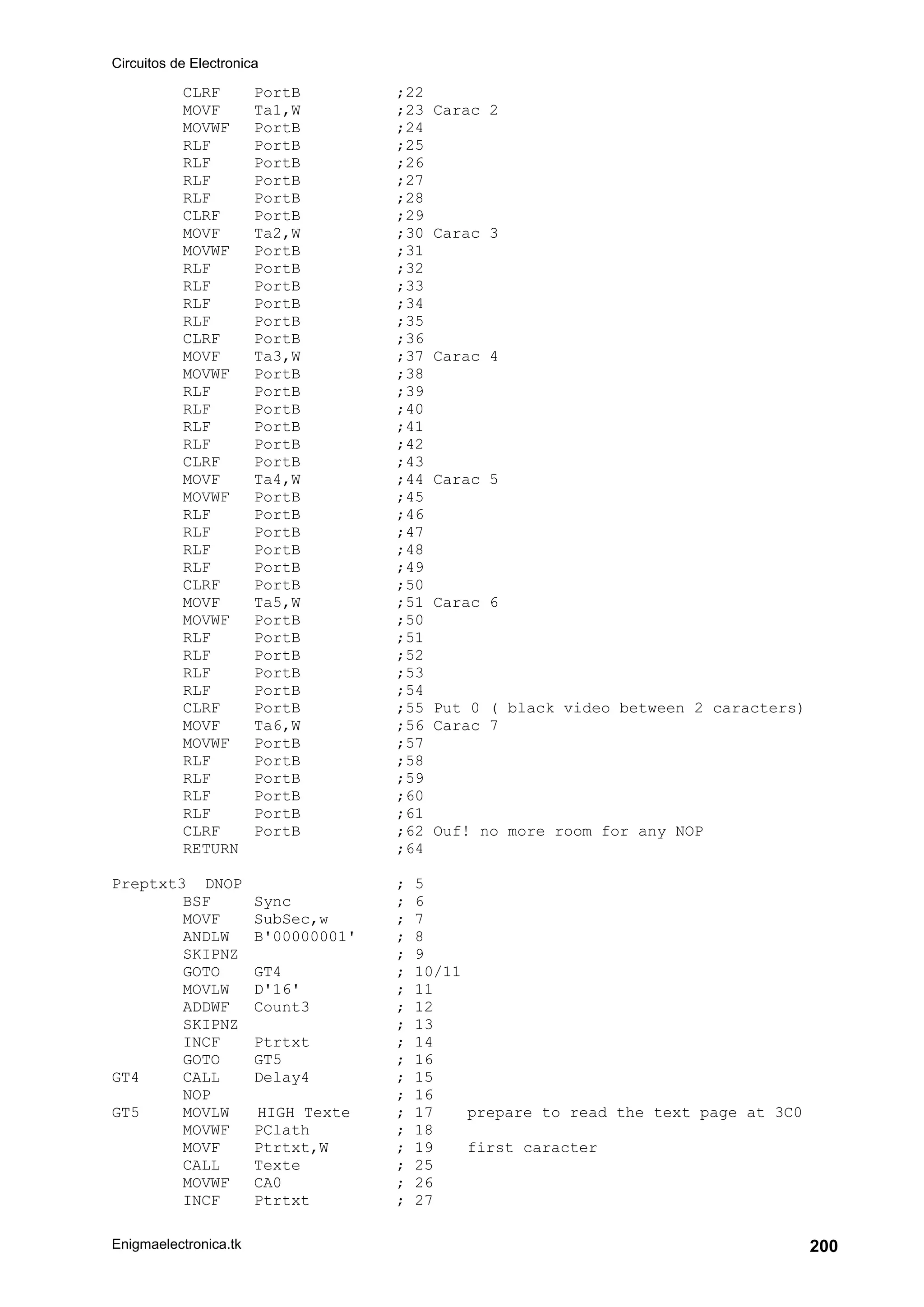Circuitos de Electronica
Enigmaelectronica.tk 200
CLRF PortB ;22
MOVF Ta1,W ;23 Carac 2
MOVWF PortB ;24
RLF PortB ;25
RLF PortB ;26
RLF PortB ;27
RLF PortB ;28
CLRF PortB ;29
MOVF Ta2,W ;30 Carac 3
MOVWF PortB ;31
RLF PortB ;32
RLF PortB ;33
RLF PortB ;34
RLF PortB ;35
CLRF PortB ;36
MOVF Ta3,W ;37 Carac 4
MOVWF PortB ;38
RLF PortB ;39
RLF PortB ;40
RLF PortB ;41
RLF PortB ;42
CLRF PortB ;43
MOVF Ta4,W ;44 Carac 5
MOVWF PortB ;45
RLF PortB ;46
RLF PortB ;47
RLF PortB ;48
RLF PortB ;49
CLRF PortB ;50
MOVF Ta5,W ;51 Carac 6
MOVWF PortB ;50
RLF PortB ;51
RLF PortB ;52
RLF PortB ;53
RLF PortB ;54
CLRF PortB ;55 Put 0 ( black video between 2 caracters)
MOVF Ta6,W ;56 Carac 7
MOVWF PortB ;57
RLF PortB ;58
RLF PortB ;59
RLF PortB ;60
RLF PortB ;61
CLRF PortB ;62 Ouf! no more room for any NOP
RETURN ;64
Preptxt3 DNOP ; 5
BSF Sync ; 6
MOVF SubSec,w ; 7
ANDLW B'00000001' ; 8
SKIPNZ ; 9
GOTO GT4 ; 10/11
MOVLW D'16' ; 11
ADDWF Count3 ; 12
SKIPNZ ; 13
INCF Ptrtxt ; 14
GOTO GT5 ; 16
GT4 CALL Delay4 ; 15
NOP ; 16
GT5 MOVLW HIGH Texte ; 17 prepare to read the text page at 3C0
MOVWF PClath ; 18
MOVF Ptrtxt,W ; 19 first caracter
CALL Texte ; 25
MOVWF CA0 ; 26
INCF Ptrtxt ; 27
 
