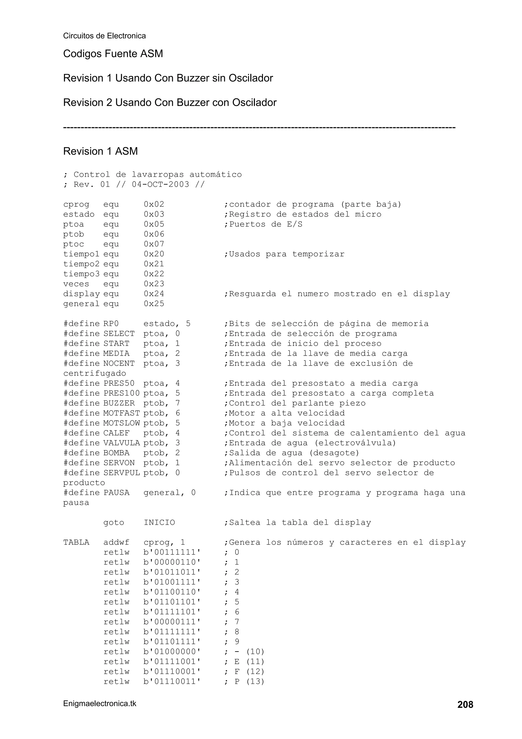 Circuitos de Electronica
Enigmaelectronica.tk 208
Codigos Fuente ASM
Revision 1 Usando Con Buzzer sin Oscilador
Revision 2 Usando Con Buzzer con Oscilador
----------------------------------------------------------------------------------------------------------------
Revision 1 ASM
; Control de lavarropas automático
; Rev. 01 // 04-OCT-2003 //
cprog equ 0x02 ;contador de programa (parte baja)
estado equ 0x03 ;Registro de estados del micro
ptoa equ 0x05 ;Puertos de E/S
ptob equ 0x06
ptoc equ 0x07
tiempo1 equ 0x20 ;Usados para temporizar
tiempo2 equ 0x21
tiempo3 equ 0x22
veces equ 0x23
display equ 0x24 ;Resguarda el numero mostrado en el display
general equ 0x25
#define RP0 estado, 5 ;Bits de selección de página de memoria
#define SELECT ptoa, 0 ;Entrada de selección de programa
#define START ptoa, 1 ;Entrada de inicio del proceso
#define MEDIA ptoa, 2 ;Entrada de la llave de media carga
#define NOCENT ptoa, 3 ;Entrada de la llave de exclusión de
centrifugado
#define PRES50 ptoa, 4 ;Entrada del presostato a media carga
#define PRES100 ptoa, 5 ;Entrada del presostato a carga completa
#define BUZZER ptob, 7 ;Control del parlante piezo
#define MOTFAST ptob, 6 ;Motor a alta velocidad
#define MOTSLOW ptob, 5 ;Motor a baja velocidad
#define CALEF ptob, 4 ;Control del sistema de calentamiento del agua
#define VALVULA ptob, 3 ;Entrada de agua (electroválvula)
#define BOMBA ptob, 2 ;Salida de agua (desagote)
#define SERVON ptob, 1 ;Alimentación del servo selector de producto
#define SERVPUL ptob, 0 ;Pulsos de control del servo selector de
producto
#define PAUSA general, 0 ;Indica que entre programa y programa haga una
pausa
goto INICIO ;Saltea la tabla del display
TABLA addwf cprog, 1 ;Genera los números y caracteres en el display
retlw b'00111111' ; 0
retlw b'00000110' ; 1
retlw b'01011011' ; 2
retlw b'01001111' ; 3
retlw b'01100110' ; 4
retlw b'01101101' ; 5
retlw b'01111101' ; 6
retlw b'00000111' ; 7
retlw b'01111111' ; 8
retlw b'01101111' ; 9
retlw b'01000000' ; - (10)
retlw b'01111001' ; E (11)
retlw b'01110001' ; F (12)
retlw b'01110011' ; P (13)
 