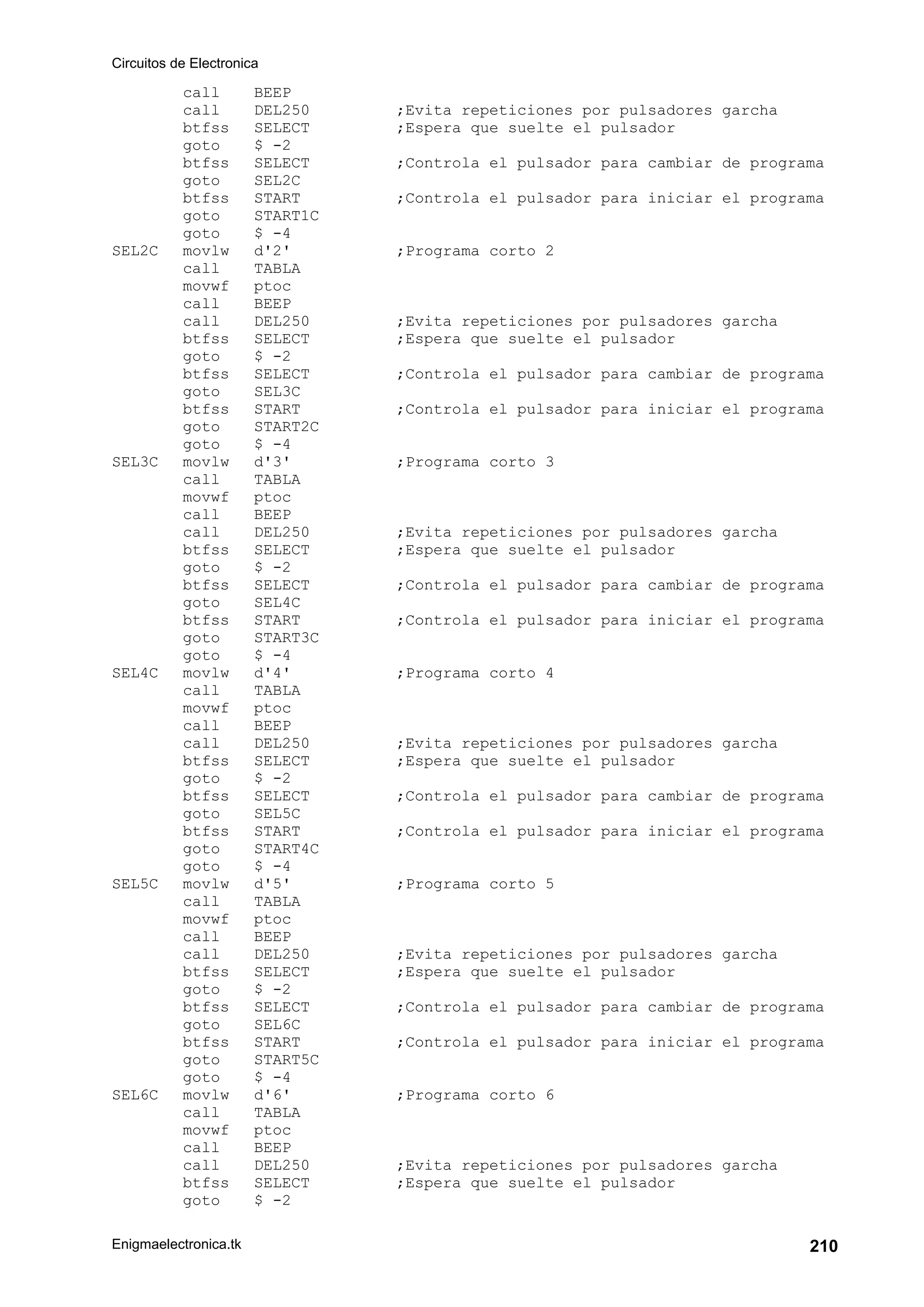 Circuitos de Electronica
Enigmaelectronica.tk 210
call BEEP
call DEL250 ;Evita repeticiones por pulsadores garcha
btfss SELECT ;Espera que suelte el pulsador
goto $ -2
btfss SELECT ;Controla el pulsador para cambiar de programa
goto SEL2C
btfss START ;Controla el pulsador para iniciar el programa
goto START1C
goto $ -4
SEL2C movlw d'2' ;Programa corto 2
call TABLA
movwf ptoc
call BEEP
call DEL250 ;Evita repeticiones por pulsadores garcha
btfss SELECT ;Espera que suelte el pulsador
goto $ -2
btfss SELECT ;Controla el pulsador para cambiar de programa
goto SEL3C
btfss START ;Controla el pulsador para iniciar el programa
goto START2C
goto $ -4
SEL3C movlw d'3' ;Programa corto 3
call TABLA
movwf ptoc
call BEEP
call DEL250 ;Evita repeticiones por pulsadores garcha
btfss SELECT ;Espera que suelte el pulsador
goto $ -2
btfss SELECT ;Controla el pulsador para cambiar de programa
goto SEL4C
btfss START ;Controla el pulsador para iniciar el programa
goto START3C
goto $ -4
SEL4C movlw d'4' ;Programa corto 4
call TABLA
movwf ptoc
call BEEP
call DEL250 ;Evita repeticiones por pulsadores garcha
btfss SELECT ;Espera que suelte el pulsador
goto $ -2
btfss SELECT ;Controla el pulsador para cambiar de programa
goto SEL5C
btfss START ;Controla el pulsador para iniciar el programa
goto START4C
goto $ -4
SEL5C movlw d'5' ;Programa corto 5
call TABLA
movwf ptoc
call BEEP
call DEL250 ;Evita repeticiones por pulsadores garcha
btfss SELECT ;Espera que suelte el pulsador
goto $ -2
btfss SELECT ;Controla el pulsador para cambiar de programa
goto SEL6C
btfss START ;Controla el pulsador para iniciar el programa
goto START5C
goto $ -4
SEL6C movlw d'6' ;Programa corto 6
call TABLA
movwf ptoc
call BEEP
call DEL250 ;Evita repeticiones por pulsadores garcha
btfss SELECT ;Espera que suelte el pulsador
goto $ -2
 