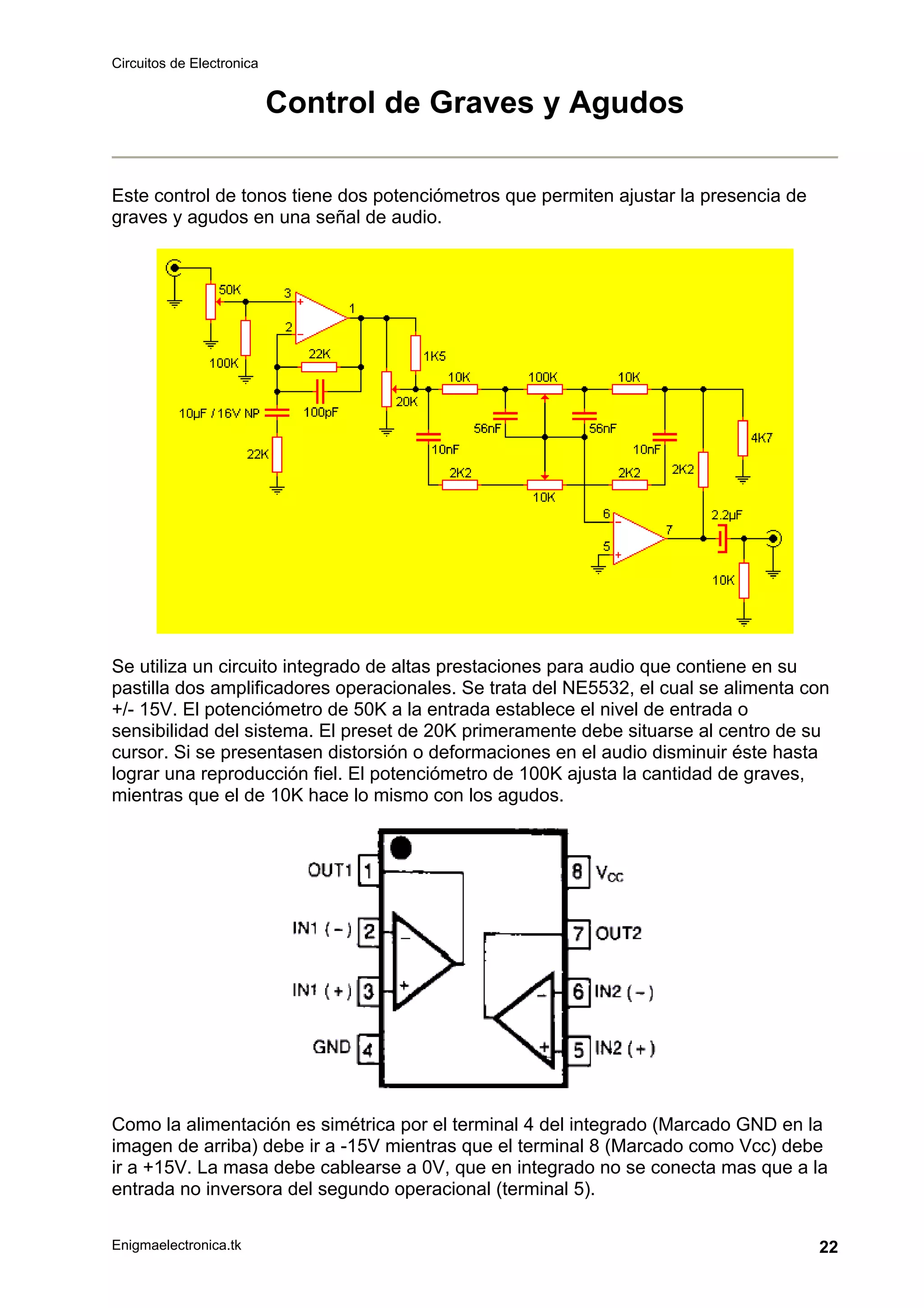Circuitos de Electronica
Enigmaelectronica.tk 22
Control de Graves y Agudos
Este control de tonos tiene dos potenciómetros que permiten ajustar la presencia de
graves y agudos en una señal de audio.
Se utiliza un circuito integrado de altas prestaciones para audio que contiene en su
pastilla dos amplificadores operacionales. Se trata del NE5532, el cual se alimenta con
+/- 15V. El potenciómetro de 50K a la entrada establece el nivel de entrada o
sensibilidad del sistema. El preset de 20K primeramente debe situarse al centro de su
cursor. Si se presentasen distorsión o deformaciones en el audio disminuir éste hasta
lograr una reproducción fiel. El potenciómetro de 100K ajusta la cantidad de graves,
mientras que el de 10K hace lo mismo con los agudos.
Como la alimentación es simétrica por el terminal 4 del integrado (Marcado GND en la
imagen de arriba) debe ir a -15V mientras que el terminal 8 (Marcado como Vcc) debe
ir a +15V. La masa debe cablearse a 0V, que en integrado no se conecta mas que a la
entrada no inversora del segundo operacional (terminal 5).
 