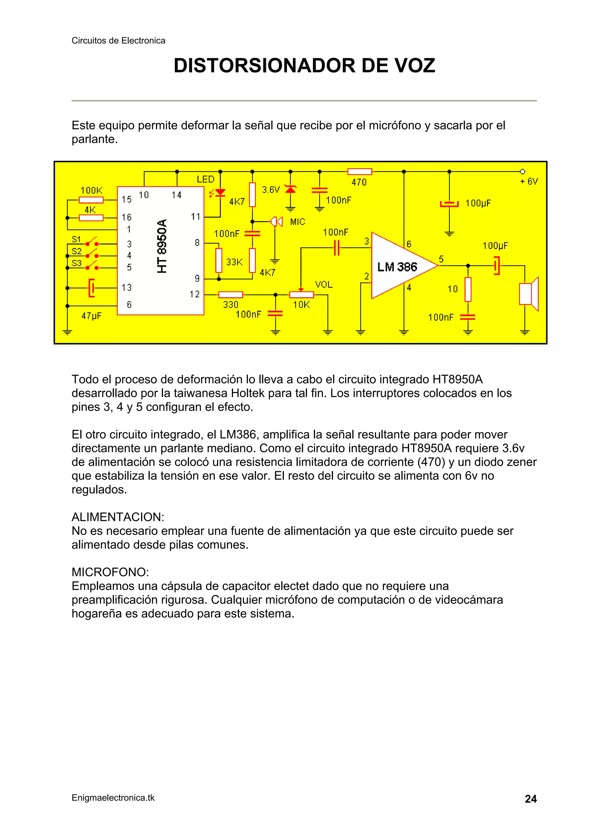 Circuitos de Electronica
Enigmaelectronica.tk 24
DISTORSIONADOR DE VOZ
Este equipo permite deformar la señal que recibe por el micrófono y sacarla por el
parlante.
Todo el proceso de deformación lo lleva a cabo el circuito integrado HT8950A
desarrollado por la taiwanesa Holtek para tal fin. Los interruptores colocados en los
pines 3, 4 y 5 configuran el efecto.
El otro circuito integrado, el LM386, amplifica la señal resultante para poder mover
directamente un parlante mediano. Como el circuito integrado HT8950A requiere 3.6v
de alimentación se colocó una resistencia limitadora de corriente (470) y un diodo zener
que estabiliza la tensión en ese valor. El resto del circuito se alimenta con 6v no
regulados.
ALIMENTACION:
No es necesario emplear una fuente de alimentación ya que este circuito puede ser
alimentado desde pilas comunes.
MICROFONO:
Empleamos una cápsula de capacitor electet dado que no requiere una
preamplificación rigurosa. Cualquier micrófono de computación o de videocámara
hogareña es adecuado para este sistema.
 