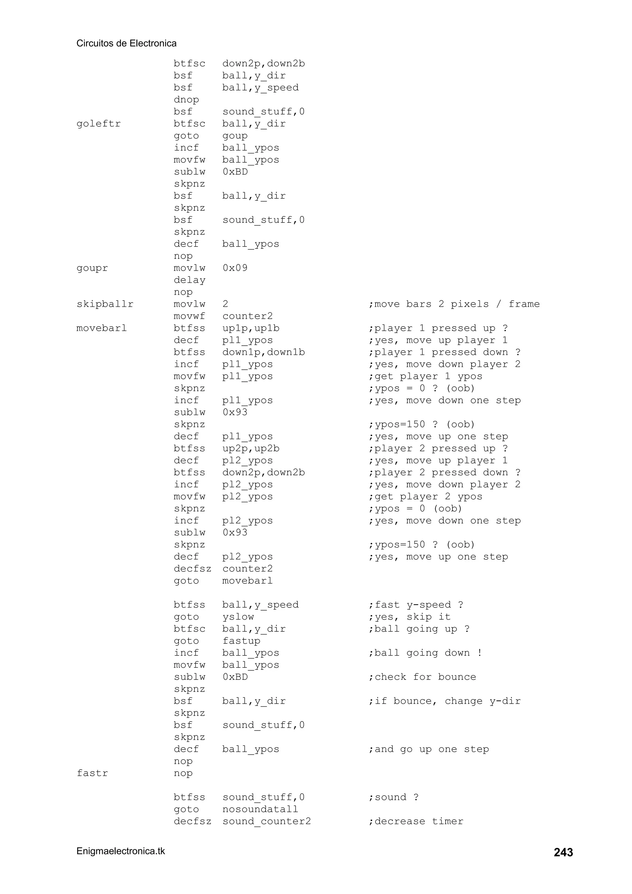 Circuitos de Electronica
Enigmaelectronica.tk 243
btfsc down2p,down2b
bsf ball,y_dir
bsf ball,y_speed
dnop
bsf sound_stuff,0
goleftr btfsc ball,y_dir
goto goup
incf ball_ypos
movfw ball_ypos
sublw 0xBD
skpnz
bsf ball,y_dir
skpnz
bsf sound_stuff,0
skpnz
decf ball_ypos
nop
goupr movlw 0x09
delay
nop
skipballr movlw 2 ;move bars 2 pixels / frame
movwf counter2
movebarl btfss up1p,up1b ;player 1 pressed up ?
decf pl1_ypos ;yes, move up player 1
btfss down1p,down1b ;player 1 pressed down ?
incf pl1_ypos ;yes, move down player 2
movfw pl1_ypos ;get player 1 ypos
skpnz ;ypos = 0 ? (oob)
incf pl1_ypos ;yes, move down one step
sublw 0x93
skpnz ;ypos=150 ? (oob)
decf pl1_ypos ;yes, move up one step
btfss up2p,up2b ;player 2 pressed up ?
decf pl2_ypos ;yes, move up player 1
btfss down2p,down2b ;player 2 pressed down ?
incf pl2_ypos ;yes, move down player 2
movfw pl2_ypos ;get player 2 ypos
skpnz ;ypos = 0 (oob)
incf pl2_ypos ;yes, move down one step
sublw 0x93
skpnz ;ypos=150 ? (oob)
decf pl2_ypos ;yes, move up one step
decfsz counter2
goto movebarl
btfss ball,y_speed ;fast y-speed ?
goto yslow ;yes, skip it
btfsc ball,y_dir ;ball going up ?
goto fastup
incf ball_ypos ;ball going down !
movfw ball_ypos
sublw 0xBD ;check for bounce
skpnz
bsf ball,y_dir ;if bounce, change y-dir
skpnz
bsf sound_stuff,0
skpnz
decf ball_ypos ;and go up one step
nop
fastr nop
btfss sound_stuff,0 ;sound ?
goto nosoundatall
decfsz sound_counter2 ;decrease timer
 