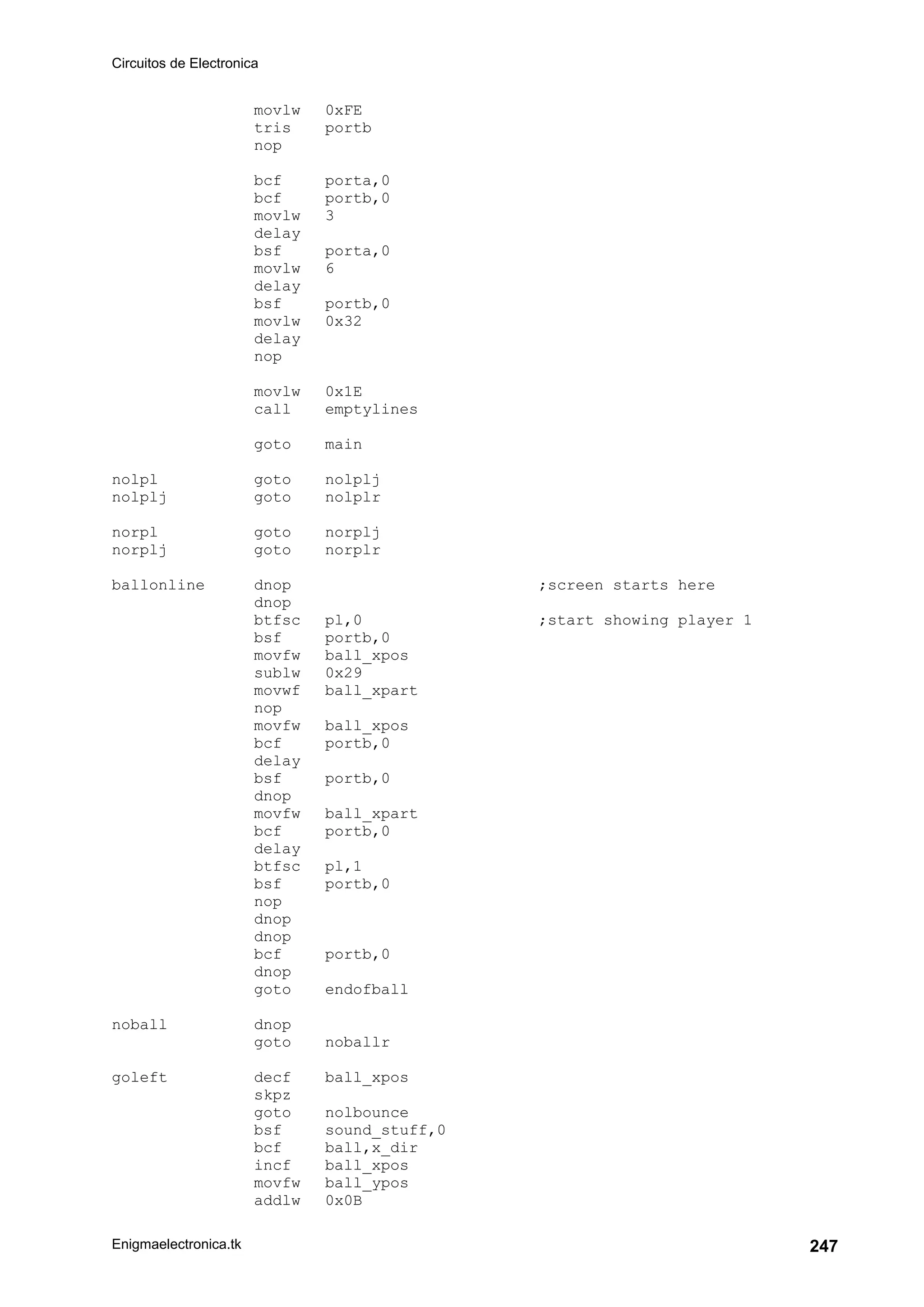 Circuitos de Electronica
Enigmaelectronica.tk 247
movlw 0xFE
tris portb
nop
bcf porta,0
bcf portb,0
movlw 3
delay
bsf porta,0
movlw 6
delay
bsf portb,0
movlw 0x32
delay
nop
movlw 0x1E
call emptylines
goto main
nolpl goto nolplj
nolplj goto nolplr
norpl goto norplj
norplj goto norplr
ballonline dnop ;screen starts here
dnop
btfsc pl,0 ;start showing player 1
bsf portb,0
movfw ball_xpos
sublw 0x29
movwf ball_xpart
nop
movfw ball_xpos
bcf portb,0
delay
bsf portb,0
dnop
movfw ball_xpart
bcf portb,0
delay
btfsc pl,1
bsf portb,0
nop
dnop
dnop
bcf portb,0
dnop
goto endofball
noball dnop
goto noballr
goleft decf ball_xpos
skpz
goto nolbounce
bsf sound_stuff,0
bcf ball,x_dir
incf ball_xpos
movfw ball_ypos
addlw 0x0B
 