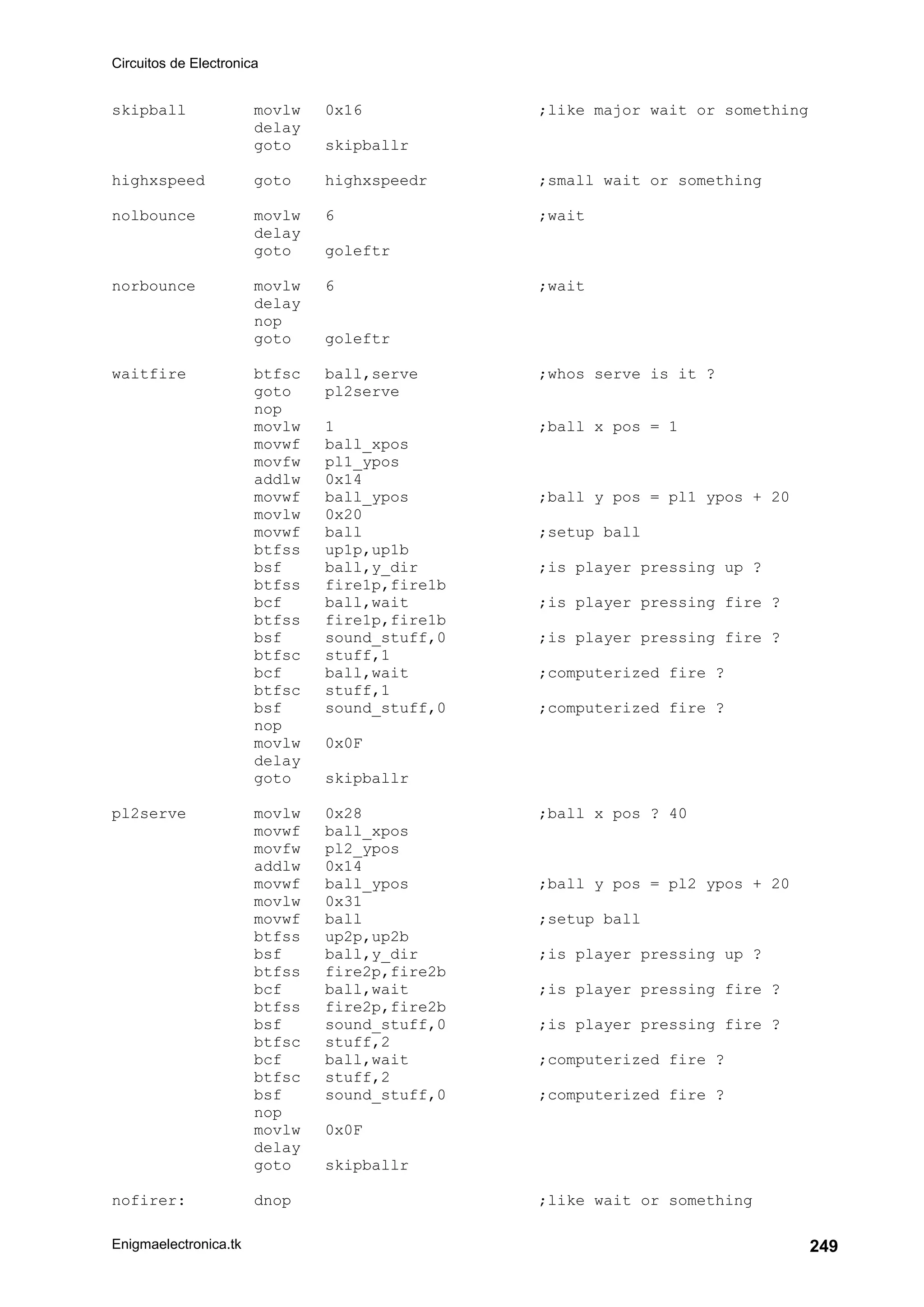 Circuitos de Electronica
Enigmaelectronica.tk 249
skipball movlw 0x16 ;like major wait or something
delay
goto skipballr
highxspeed goto highxspeedr ;small wait or something
nolbounce movlw 6 ;wait
delay
goto goleftr
norbounce movlw 6 ;wait
delay
nop
goto goleftr
waitfire btfsc ball,serve ;whos serve is it ?
goto pl2serve
nop
movlw 1 ;ball x pos = 1
movwf ball_xpos
movfw pl1_ypos
addlw 0x14
movwf ball_ypos ;ball y pos = pl1 ypos + 20
movlw 0x20
movwf ball ;setup ball
btfss up1p,up1b
bsf ball,y_dir ;is player pressing up ?
btfss fire1p,fire1b
bcf ball,wait ;is player pressing fire ?
btfss fire1p,fire1b
bsf sound_stuff,0 ;is player pressing fire ?
btfsc stuff,1
bcf ball,wait ;computerized fire ?
btfsc stuff,1
bsf sound_stuff,0 ;computerized fire ?
nop
movlw 0x0F
delay
goto skipballr
pl2serve movlw 0x28 ;ball x pos ? 40
movwf ball_xpos
movfw pl2_ypos
addlw 0x14
movwf ball_ypos ;ball y pos = pl2 ypos + 20
movlw 0x31
movwf ball ;setup ball
btfss up2p,up2b
bsf ball,y_dir ;is player pressing up ?
btfss fire2p,fire2b
bcf ball,wait ;is player pressing fire ?
btfss fire2p,fire2b
bsf sound_stuff,0 ;is player pressing fire ?
btfsc stuff,2
bcf ball,wait ;computerized fire ?
btfsc stuff,2
bsf sound_stuff,0 ;computerized fire ?
nop
movlw 0x0F
delay
goto skipballr
nofirer: dnop ;like wait or something
 