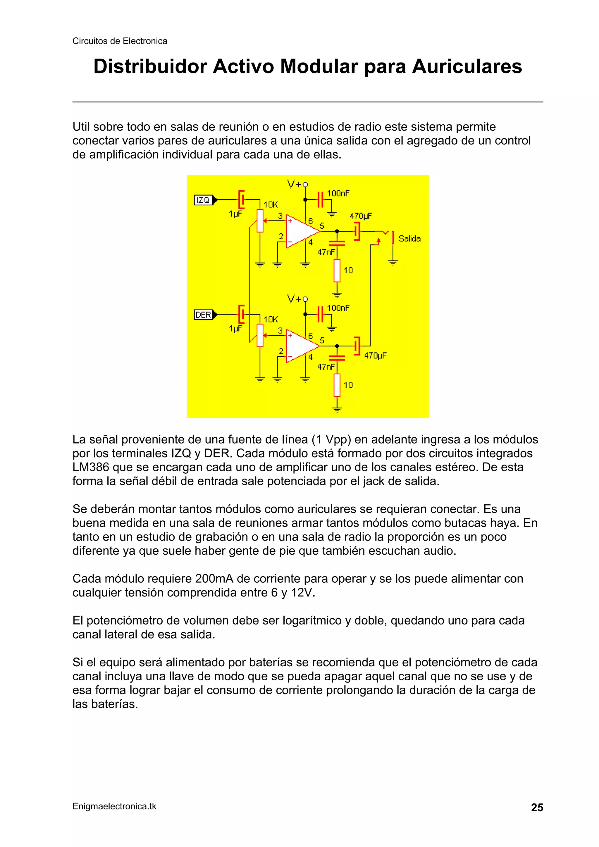 Circuitos de Electronica
Enigmaelectronica.tk 25
Distribuidor Activo Modular para Auriculares
Util sobre todo en salas de reunión o en estudios de radio este sistema permite
conectar varios pares de auriculares a una única salida con el agregado de un control
de amplificación individual para cada una de ellas.
La señal proveniente de una fuente de línea (1 Vpp) en adelante ingresa a los módulos
por los terminales IZQ y DER. Cada módulo está formado por dos circuitos integrados
LM386 que se encargan cada uno de amplificar uno de los canales estéreo. De esta
forma la señal débil de entrada sale potenciada por el jack de salida.
Se deberán montar tantos módulos como auriculares se requieran conectar. Es una
buena medida en una sala de reuniones armar tantos módulos como butacas haya. En
tanto en un estudio de grabación o en una sala de radio la proporción es un poco
diferente ya que suele haber gente de pie que también escuchan audio.
Cada módulo requiere 200mA de corriente para operar y se los puede alimentar con
cualquier tensión comprendida entre 6 y 12V.
El potenciómetro de volumen debe ser logarítmico y doble, quedando uno para cada
canal lateral de esa salida.
Si el equipo será alimentado por baterías se recomienda que el potenciómetro de cada
canal incluya una llave de modo que se pueda apagar aquel canal que no se use y de
esa forma lograr bajar el consumo de corriente prolongando la duración de la carga de
las baterías.
 
