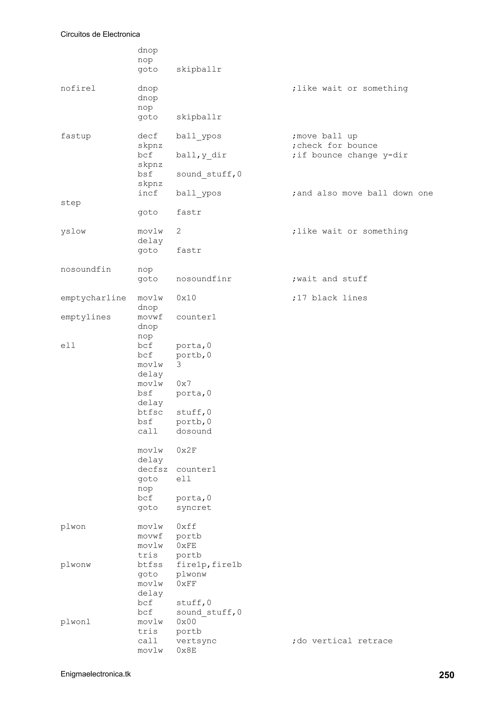 Circuitos de Electronica
Enigmaelectronica.tk 250
dnop
nop
goto skipballr
nofirel dnop ;like wait or something
dnop
nop
goto skipballr
fastup decf ball_ypos ;move ball up
skpnz ;check for bounce
bcf ball,y_dir ;if bounce change y-dir
skpnz
bsf sound_stuff,0
skpnz
incf ball_ypos ;and also move ball down one
step
goto fastr
yslow movlw 2 ;like wait or something
delay
goto fastr
nosoundfin nop
goto nosoundfinr ;wait and stuff
emptycharline movlw 0x10 ;17 black lines
dnop
emptylines movwf counter1
dnop
nop
ell bcf porta,0
bcf portb,0
movlw 3
delay
movlw 0x7
bsf porta,0
delay
btfsc stuff,0
bsf portb,0
call dosound
movlw 0x2F
delay
decfsz counter1
goto ell
nop
bcf porta,0
goto syncret
plwon movlw 0xff
movwf portb
movlw 0xFE
tris portb
plwonw btfss fire1p,fire1b
goto plwonw
movlw 0xFF
delay
bcf stuff,0
bcf sound_stuff,0
plwonl movlw 0x00
tris portb
call vertsync ;do vertical retrace
movlw 0x8E
 
