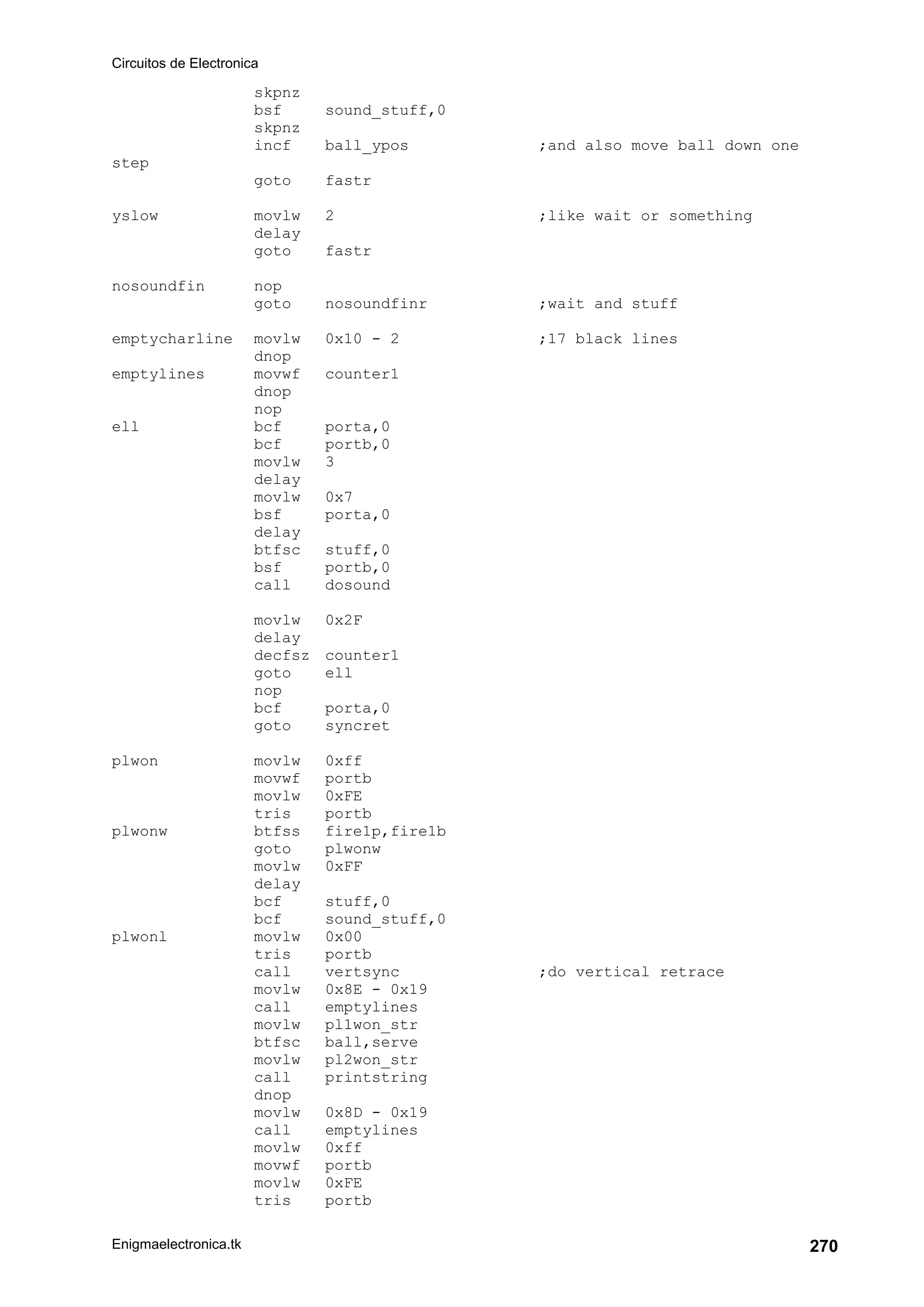 Circuitos de Electronica
Enigmaelectronica.tk 270
skpnz
bsf sound_stuff,0
skpnz
incf ball_ypos ;and also move ball down one
step
goto fastr
yslow movlw 2 ;like wait or something
delay
goto fastr
nosoundfin nop
goto nosoundfinr ;wait and stuff
emptycharline movlw 0x10 - 2 ;17 black lines
dnop
emptylines movwf counter1
dnop
nop
ell bcf porta,0
bcf portb,0
movlw 3
delay
movlw 0x7
bsf porta,0
delay
btfsc stuff,0
bsf portb,0
call dosound
movlw 0x2F
delay
decfsz counter1
goto ell
nop
bcf porta,0
goto syncret
plwon movlw 0xff
movwf portb
movlw 0xFE
tris portb
plwonw btfss fire1p,fire1b
goto plwonw
movlw 0xFF
delay
bcf stuff,0
bcf sound_stuff,0
plwonl movlw 0x00
tris portb
call vertsync ;do vertical retrace
movlw 0x8E - 0x19
call emptylines
movlw pl1won_str
btfsc ball,serve
movlw pl2won_str
call printstring
dnop
movlw 0x8D - 0x19
call emptylines
movlw 0xff
movwf portb
movlw 0xFE
tris portb
 