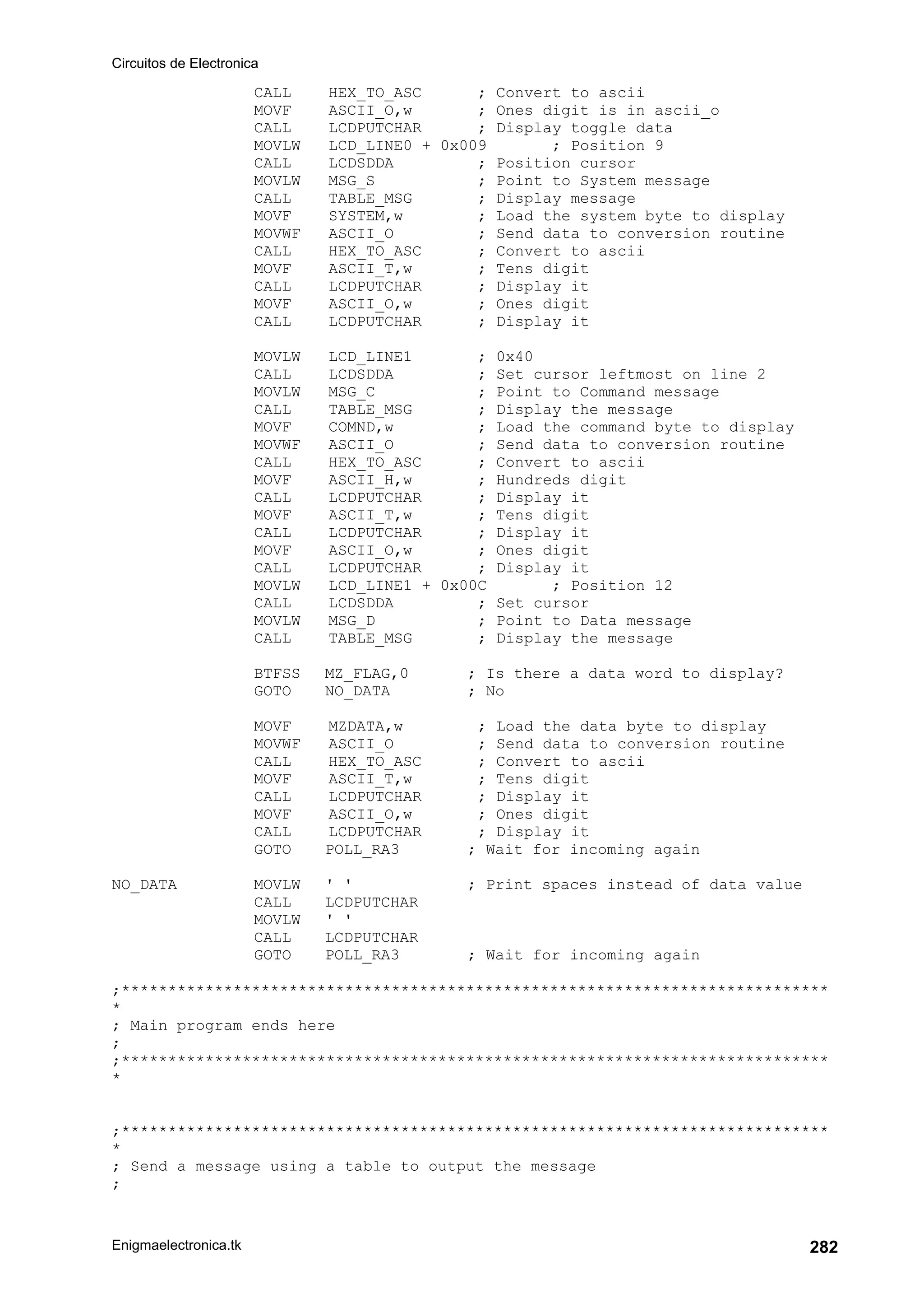 Circuitos de Electronica
Enigmaelectronica.tk 282
CALL HEX_TO_ASC ; Convert to ascii
MOVF ASCII_O,w ; Ones digit is in ascii_o
CALL LCDPUTCHAR ; Display toggle data
MOVLW LCD_LINE0 + 0x009 ; Position 9
CALL LCDSDDA ; Position cursor
MOVLW MSG_S ; Point to System message
CALL TABLE_MSG ; Display message
MOVF SYSTEM,w ; Load the system byte to display
MOVWF ASCII_O ; Send data to conversion routine
CALL HEX_TO_ASC ; Convert to ascii
MOVF ASCII_T,w ; Tens digit
CALL LCDPUTCHAR ; Display it
MOVF ASCII_O,w ; Ones digit
CALL LCDPUTCHAR ; Display it
MOVLW LCD_LINE1 ; 0x40
CALL LCDSDDA ; Set cursor leftmost on line 2
MOVLW MSG_C ; Point to Command message
CALL TABLE_MSG ; Display the message
MOVF COMND,w ; Load the command byte to display
MOVWF ASCII_O ; Send data to conversion routine
CALL HEX_TO_ASC ; Convert to ascii
MOVF ASCII_H,w ; Hundreds digit
CALL LCDPUTCHAR ; Display it
MOVF ASCII_T,w ; Tens digit
CALL LCDPUTCHAR ; Display it
MOVF ASCII_O,w ; Ones digit
CALL LCDPUTCHAR ; Display it
MOVLW LCD_LINE1 + 0x00C ; Position 12
CALL LCDSDDA ; Set cursor
MOVLW MSG_D ; Point to Data message
CALL TABLE_MSG ; Display the message
BTFSS MZ_FLAG,0 ; Is there a data word to display?
GOTO NO_DATA ; No
MOVF MZDATA,w ; Load the data byte to display
MOVWF ASCII_O ; Send data to conversion routine
CALL HEX_TO_ASC ; Convert to ascii
MOVF ASCII_T,w ; Tens digit
CALL LCDPUTCHAR ; Display it
MOVF ASCII_O,w ; Ones digit
CALL LCDPUTCHAR ; Display it
GOTO POLL_RA3 ; Wait for incoming again
NO_DATA MOVLW ' ' ; Print spaces instead of data value
CALL LCDPUTCHAR
MOVLW ' '
CALL LCDPUTCHAR
GOTO POLL_RA3 ; Wait for incoming again
;****************************************************************************
*
; Main program ends here
;
;****************************************************************************
*
;****************************************************************************
*
; Send a message using a table to output the message
;
 