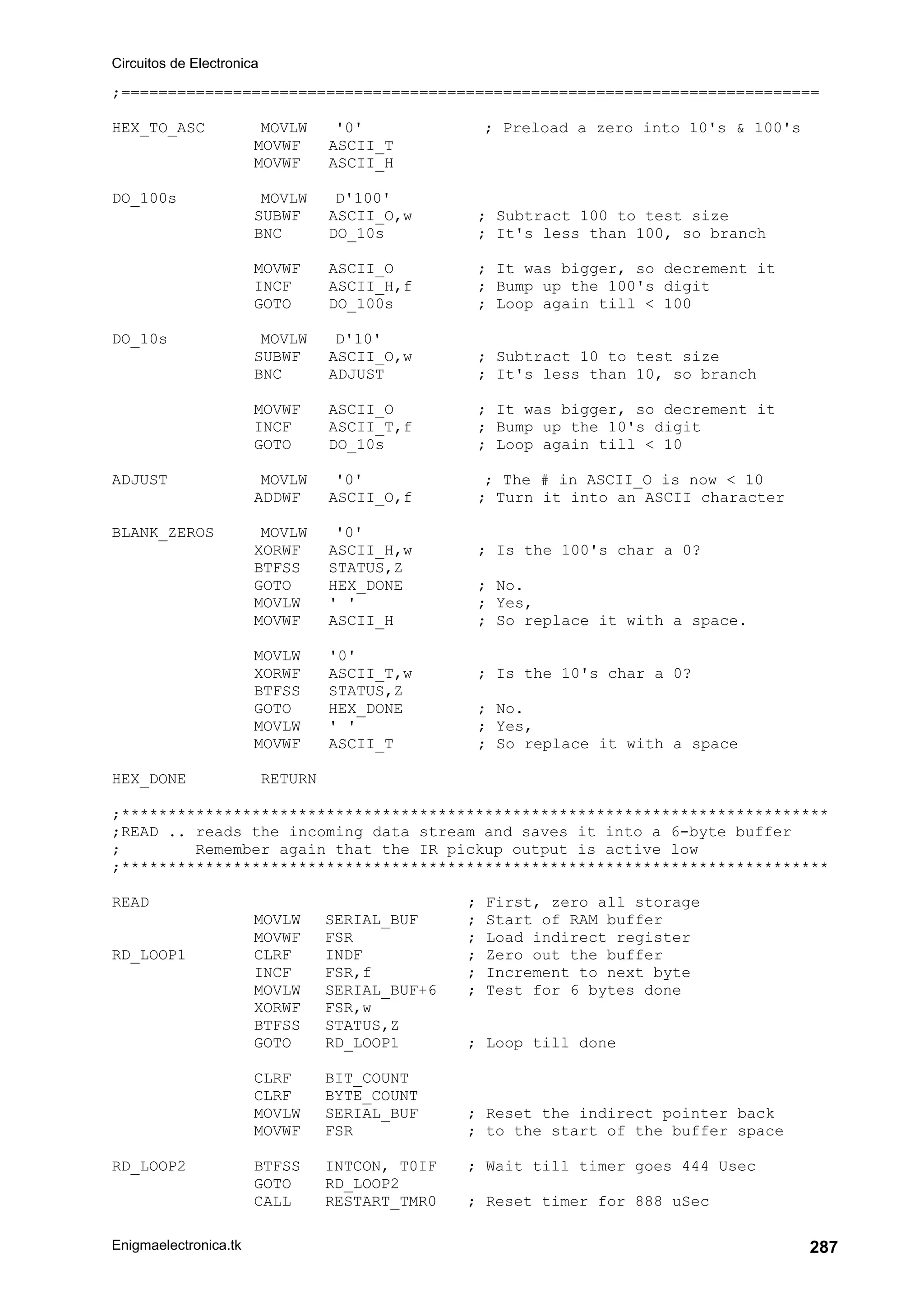 Circuitos de Electronica
Enigmaelectronica.tk 287
;===========================================================================
HEX_TO_ASC MOVLW '0' ; Preload a zero into 10's  100's
MOVWF ASCII_T
MOVWF ASCII_H
DO_100s MOVLW D'100'
SUBWF ASCII_O,w ; Subtract 100 to test size
BNC DO_10s ; It's less than 100, so branch
MOVWF ASCII_O ; It was bigger, so decrement it
INCF ASCII_H,f ; Bump up the 100's digit
GOTO DO_100s ; Loop again till  100
DO_10s MOVLW D'10'
SUBWF ASCII_O,w ; Subtract 10 to test size
BNC ADJUST ; It's less than 10, so branch
MOVWF ASCII_O ; It was bigger, so decrement it
INCF ASCII_T,f ; Bump up the 10's digit
GOTO DO_10s ; Loop again till  10
ADJUST MOVLW '0' ; The # in ASCII_O is now  10
ADDWF ASCII_O,f ; Turn it into an ASCII character
BLANK_ZEROS MOVLW '0'
XORWF ASCII_H,w ; Is the 100's char a 0?
BTFSS STATUS,Z
GOTO HEX_DONE ; No.
MOVLW ' ' ; Yes,
MOVWF ASCII_H ; So replace it with a space.
MOVLW '0'
XORWF ASCII_T,w ; Is the 10's char a 0?
BTFSS STATUS,Z
GOTO HEX_DONE ; No.
MOVLW ' ' ; Yes,
MOVWF ASCII_T ; So replace it with a space
HEX_DONE RETURN
;****************************************************************************
;READ .. reads the incoming data stream and saves it into a 6-byte buffer
; Remember again that the IR pickup output is active low
;****************************************************************************
READ ; First, zero all storage
MOVLW SERIAL_BUF ; Start of RAM buffer
MOVWF FSR ; Load indirect register
RD_LOOP1 CLRF INDF ; Zero out the buffer
INCF FSR,f ; Increment to next byte
MOVLW SERIAL_BUF+6 ; Test for 6 bytes done
XORWF FSR,w
BTFSS STATUS,Z
GOTO RD_LOOP1 ; Loop till done
CLRF BIT_COUNT
CLRF BYTE_COUNT
MOVLW SERIAL_BUF ; Reset the indirect pointer back
MOVWF FSR ; to the start of the buffer space
RD_LOOP2 BTFSS INTCON, T0IF ; Wait till timer goes 444 Usec
GOTO RD_LOOP2
CALL RESTART_TMR0 ; Reset timer for 888 uSec
 