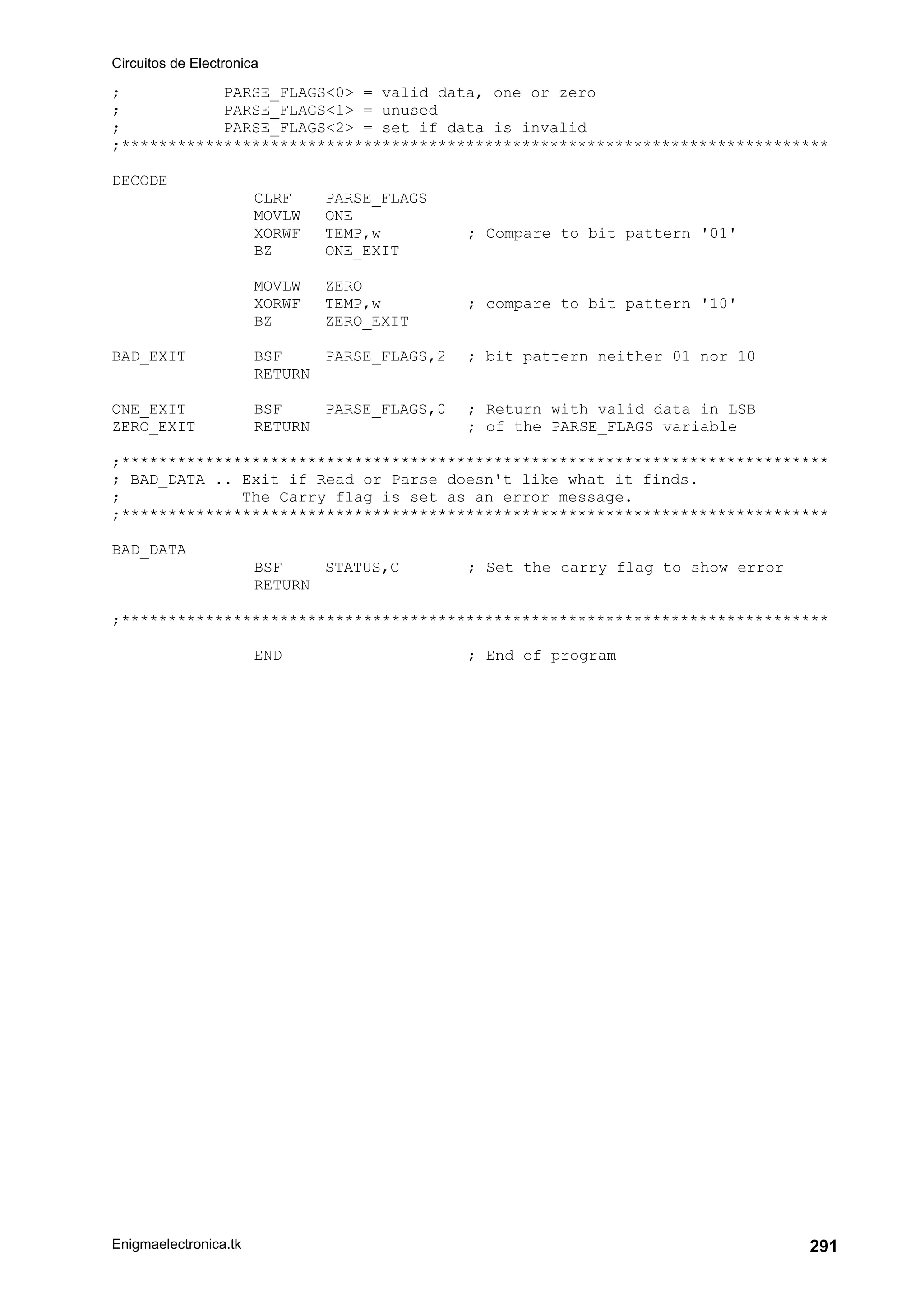 Circuitos de Electronica
Enigmaelectronica.tk 291
; PARSE_FLAGS0 = valid data, one or zero
; PARSE_FLAGS1 = unused
; PARSE_FLAGS2 = set if data is invalid
;****************************************************************************
DECODE
CLRF PARSE_FLAGS
MOVLW ONE
XORWF TEMP,w ; Compare to bit pattern '01'
BZ ONE_EXIT
MOVLW ZERO
XORWF TEMP,w ; compare to bit pattern '10'
BZ ZERO_EXIT
BAD_EXIT BSF PARSE_FLAGS,2 ; bit pattern neither 01 nor 10
RETURN
ONE_EXIT BSF PARSE_FLAGS,0 ; Return with valid data in LSB
ZERO_EXIT RETURN ; of the PARSE_FLAGS variable
;****************************************************************************
; BAD_DATA .. Exit if Read or Parse doesn't like what it finds.
; The Carry flag is set as an error message.
;****************************************************************************
BAD_DATA
BSF STATUS,C ; Set the carry flag to show error
RETURN
;****************************************************************************
END ; End of program
 