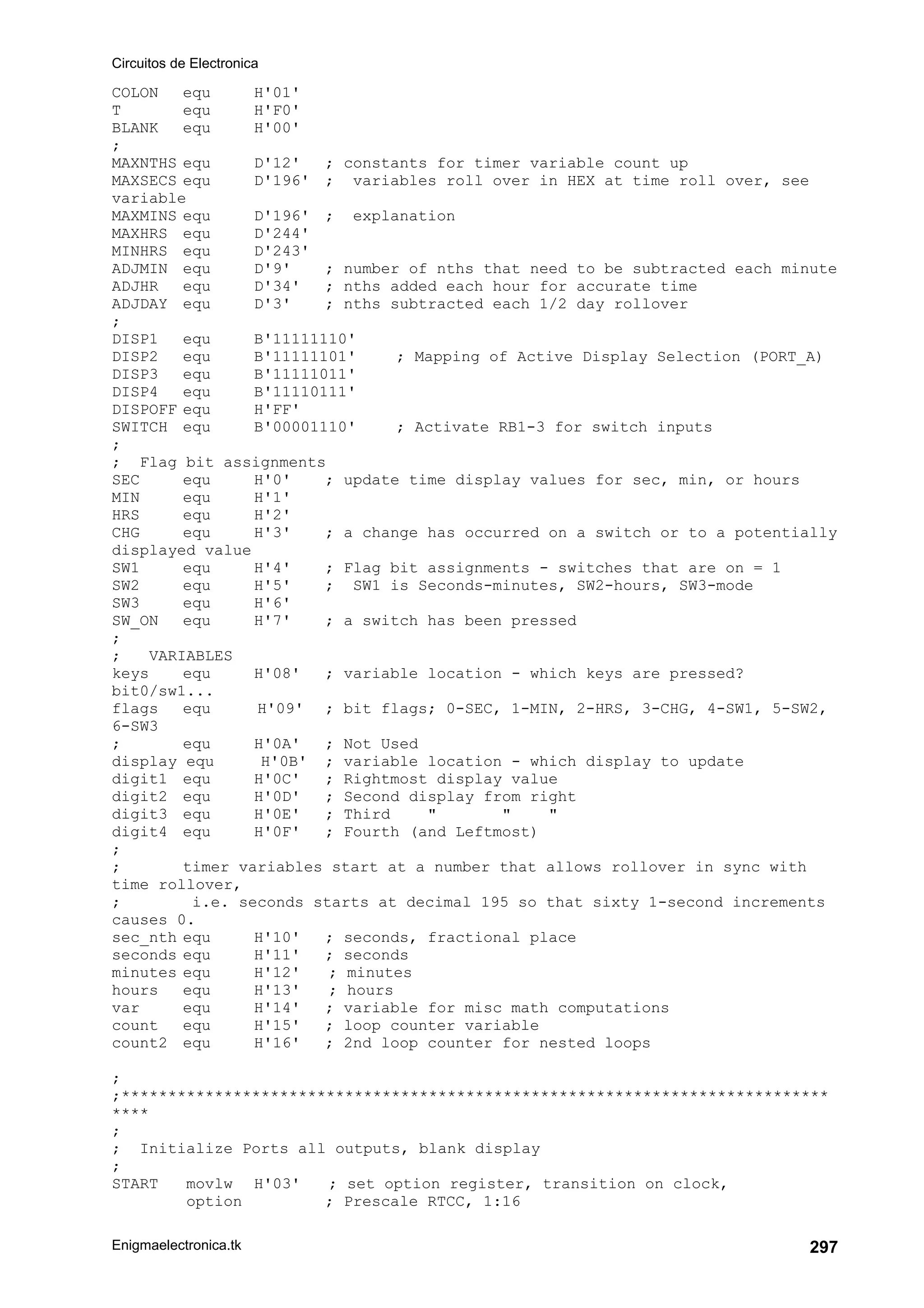 Circuitos de Electronica
Enigmaelectronica.tk 297
COLON equ H'01'
T equ H'F0'
BLANK equ H'00'
;
MAXNTHS equ D'12' ; constants for timer variable count up
MAXSECS equ D'196' ; variables roll over in HEX at time roll over, see
variable
MAXMINS equ D'196' ; explanation
MAXHRS equ D'244'
MINHRS equ D'243'
ADJMIN equ D'9' ; number of nths that need to be subtracted each minute
ADJHR equ D'34' ; nths added each hour for accurate time
ADJDAY equ D'3' ; nths subtracted each 1/2 day rollover
;
DISP1 equ B'11111110'
DISP2 equ B'11111101' ; Mapping of Active Display Selection (PORT_A)
DISP3 equ B'11111011'
DISP4 equ B'11110111'
DISPOFF equ H'FF'
SWITCH equ B'00001110' ; Activate RB1-3 for switch inputs
;
; Flag bit assignments
SEC equ H'0' ; update time display values for sec, min, or hours
MIN equ H'1'
HRS equ H'2'
CHG equ H'3' ; a change has occurred on a switch or to a potentially
displayed value
SW1 equ H'4' ; Flag bit assignments - switches that are on = 1
SW2 equ H'5' ; SW1 is Seconds-minutes, SW2-hours, SW3-mode
SW3 equ H'6'
SW_ON equ H'7' ; a switch has been pressed
;
; VARIABLES
keys equ H'08' ; variable location - which keys are pressed?
bit0/sw1...
flags equ H'09' ; bit flags; 0-SEC, 1-MIN, 2-HRS, 3-CHG, 4-SW1, 5-SW2,
6-SW3
; equ H'0A' ; Not Used
display equ H'0B' ; variable location - which display to update
digit1 equ H'0C' ; Rightmost display value
digit2 equ H'0D' ; Second display from right
digit3 equ H'0E' ; Third   
digit4 equ H'0F' ; Fourth (and Leftmost)
;
; timer variables start at a number that allows rollover in sync with
time rollover,
; i.e. seconds starts at decimal 195 so that sixty 1-second increments
causes 0.
sec_nth equ H'10' ; seconds, fractional place
seconds equ H'11' ; seconds
minutes equ H'12' ; minutes
hours equ H'13' ; hours
var equ H'14' ; variable for misc math computations
count equ H'15' ; loop counter variable
count2 equ H'16' ; 2nd loop counter for nested loops
;
;****************************************************************************
****
;
; Initialize Ports all outputs, blank display
;
START movlw H'03' ; set option register, transition on clock,
option ; Prescale RTCC, 1:16
 