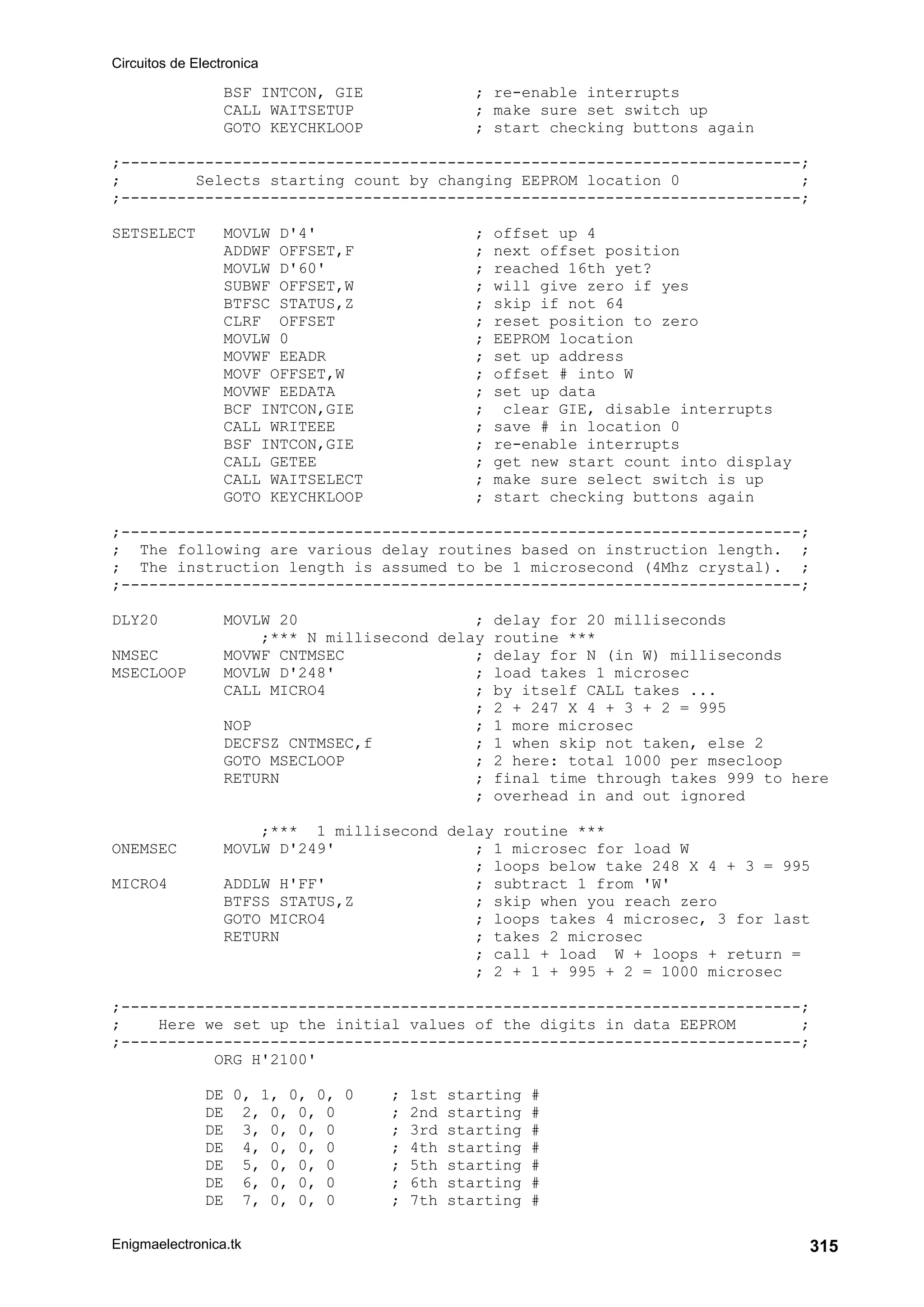 Circuitos de Electronica
Enigmaelectronica.tk 315
BSF INTCON, GIE ; re-enable interrupts
CALL WAITSETUP ; make sure set switch up
GOTO KEYCHKLOOP ; start checking buttons again
;-------------------------------------------------------------------------;
; Selects starting count by changing EEPROM location 0 ;
;-------------------------------------------------------------------------;
SETSELECT MOVLW D'4' ; offset up 4
ADDWF OFFSET,F ; next offset position
MOVLW D'60' ; reached 16th yet?
SUBWF OFFSET,W ; will give zero if yes
BTFSC STATUS,Z ; skip if not 64
CLRF OFFSET ; reset position to zero
MOVLW 0 ; EEPROM location
MOVWF EEADR ; set up address
MOVF OFFSET,W ; offset # into W
MOVWF EEDATA ; set up data
BCF INTCON,GIE ; clear GIE, disable interrupts
CALL WRITEEE ; save # in location 0
BSF INTCON,GIE ; re-enable interrupts
CALL GETEE ; get new start count into display
CALL WAITSELECT ; make sure select switch is up
GOTO KEYCHKLOOP ; start checking buttons again
;-------------------------------------------------------------------------;
; The following are various delay routines based on instruction length. ;
; The instruction length is assumed to be 1 microsecond (4Mhz crystal). ;
;-------------------------------------------------------------------------;
DLY20 MOVLW 20 ; delay for 20 milliseconds
;*** N millisecond delay routine ***
NMSEC MOVWF CNTMSEC ; delay for N (in W) milliseconds
MSECLOOP MOVLW D'248' ; load takes 1 microsec
CALL MICRO4 ; by itself CALL takes ...
; 2 + 247 X 4 + 3 + 2 = 995
NOP ; 1 more microsec
DECFSZ CNTMSEC,f ; 1 when skip not taken, else 2
GOTO MSECLOOP ; 2 here: total 1000 per msecloop
RETURN ; final time through takes 999 to here
; overhead in and out ignored
;*** 1 millisecond delay routine ***
ONEMSEC MOVLW D'249' ; 1 microsec for load W
; loops below take 248 X 4 + 3 = 995
MICRO4 ADDLW H'FF' ; subtract 1 from 'W'
BTFSS STATUS,Z ; skip when you reach zero
GOTO MICRO4 ; loops takes 4 microsec, 3 for last
RETURN ; takes 2 microsec
; call + load W + loops + return =
; 2 + 1 + 995 + 2 = 1000 microsec
;-------------------------------------------------------------------------;
; Here we set up the initial values of the digits in data EEPROM ;
;-------------------------------------------------------------------------;
ORG H'2100'
DE 0, 1, 0, 0, 0 ; 1st starting #
DE 2, 0, 0, 0 ; 2nd starting #
DE 3, 0, 0, 0 ; 3rd starting #
DE 4, 0, 0, 0 ; 4th starting #
DE 5, 0, 0, 0 ; 5th starting #
DE 6, 0, 0, 0 ; 6th starting #
DE 7, 0, 0, 0 ; 7th starting #
 