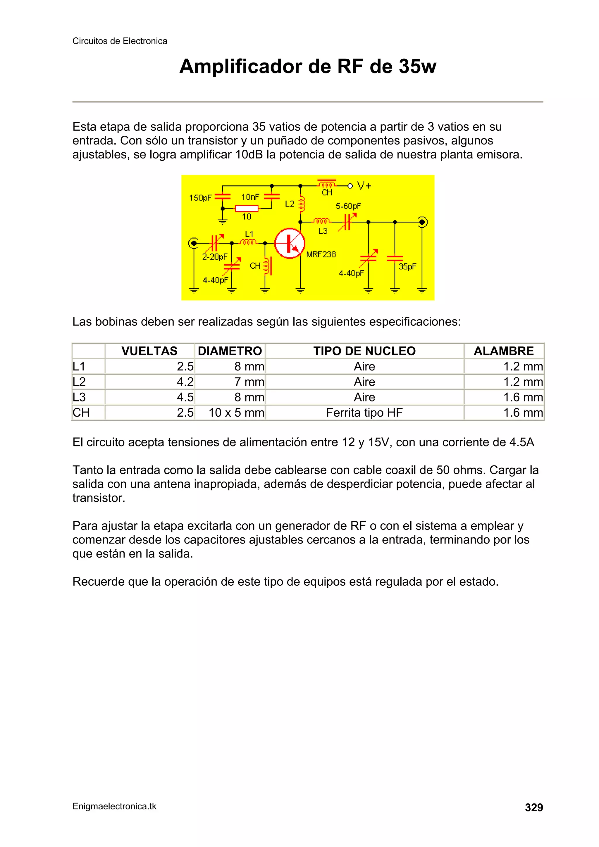 Circuitos de Electronica
Enigmaelectronica.tk 329
Amplificador de RF de 35w
Esta etapa de salida proporciona 35 vatios de potencia a partir de 3 vatios en su
entrada. Con sólo un transistor y un puñado de componentes pasivos, algunos
ajustables, se logra amplificar 10dB la potencia de salida de nuestra planta emisora.
Las bobinas deben ser realizadas según las siguientes especificaciones:
VUELTAS DIAMETRO TIPO DE NUCLEO ALAMBRE
L1 2.5 8 mm Aire 1.2 mm
L2 4.2 7 mm Aire 1.2 mm
L3 4.5 8 mm Aire 1.6 mm
CH 2.5 10 x 5 mm Ferrita tipo HF 1.6 mm
El circuito acepta tensiones de alimentación entre 12 y 15V, con una corriente de 4.5A
Tanto la entrada como la salida debe cablearse con cable coaxil de 50 ohms. Cargar la
salida con una antena inapropiada, además de desperdiciar potencia, puede afectar al
transistor.
Para ajustar la etapa excitarla con un generador de RF o con el sistema a emplear y
comenzar desde los capacitores ajustables cercanos a la entrada, terminando por los
que están en la salida.
Recuerde que la operación de este tipo de equipos está regulada por el estado.
 