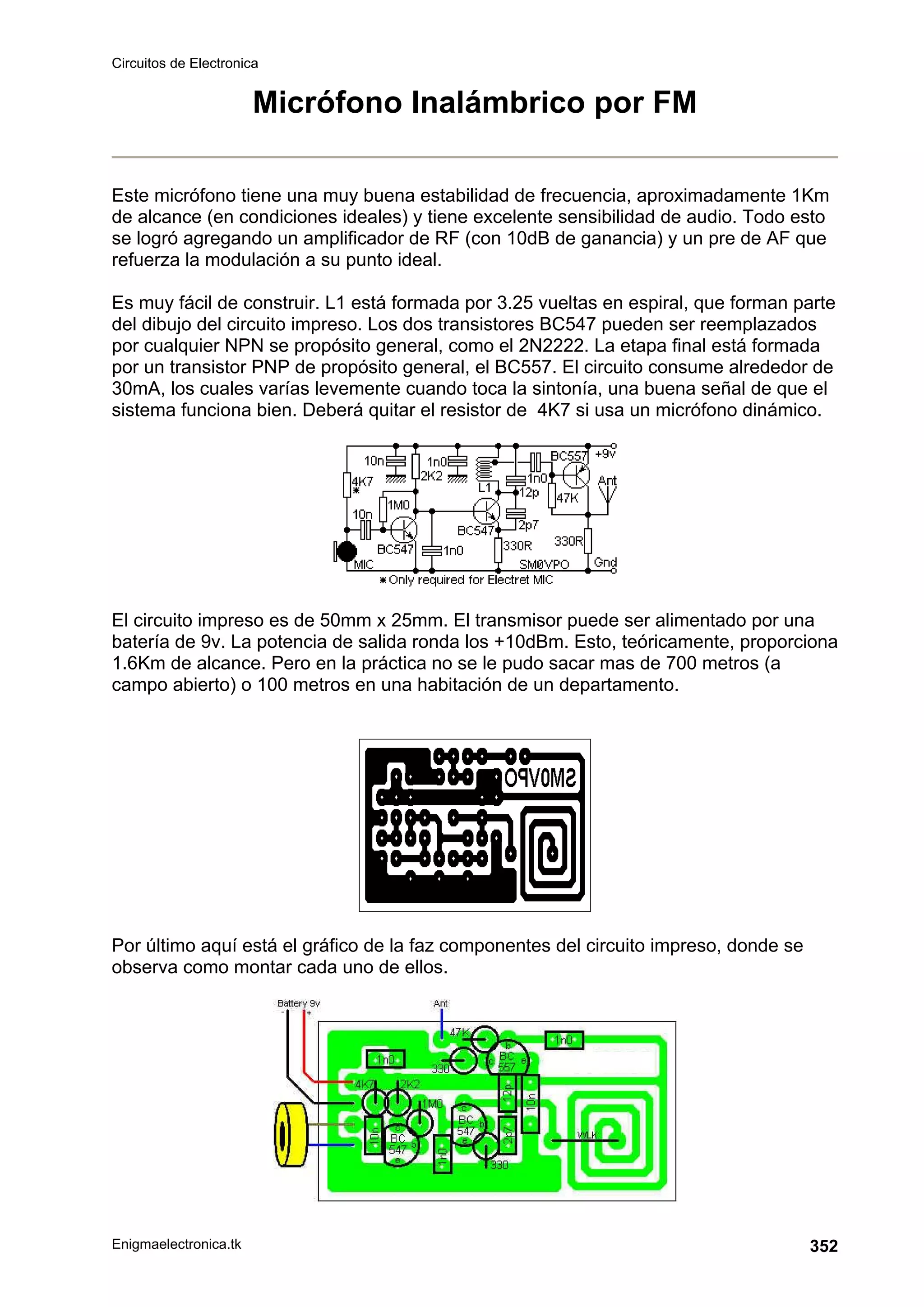 Circuitos de Electronica
Enigmaelectronica.tk 352
Micrófono Inalámbrico por FM
Este micrófono tiene una muy buena estabilidad de frecuencia, aproximadamente 1Km
de alcance (en condiciones ideales) y tiene excelente sensibilidad de audio. Todo esto
se logró agregando un amplificador de RF (con 10dB de ganancia) y un pre de AF que
refuerza la modulación a su punto ideal.
Es muy fácil de construir. L1 está formada por 3.25 vueltas en espiral, que forman parte
del dibujo del circuito impreso. Los dos transistores BC547 pueden ser reemplazados
por cualquier NPN se propósito general, como el 2N2222. La etapa final está formada
por un transistor PNP de propósito general, el BC557. El circuito consume alrededor de
30mA, los cuales varías levemente cuando toca la sintonía, una buena señal de que el
sistema funciona bien. Deberá quitar el resistor de 4K7 si usa un micrófono dinámico.
El circuito impreso es de 50mm x 25mm. El transmisor puede ser alimentado por una
batería de 9v. La potencia de salida ronda los +10dBm. Esto, teóricamente, proporciona
1.6Km de alcance. Pero en la práctica no se le pudo sacar mas de 700 metros (a
campo abierto) o 100 metros en una habitación de un departamento.
Por último aquí está el gráfico de la faz componentes del circuito impreso, donde se
observa como montar cada uno de ellos.
 