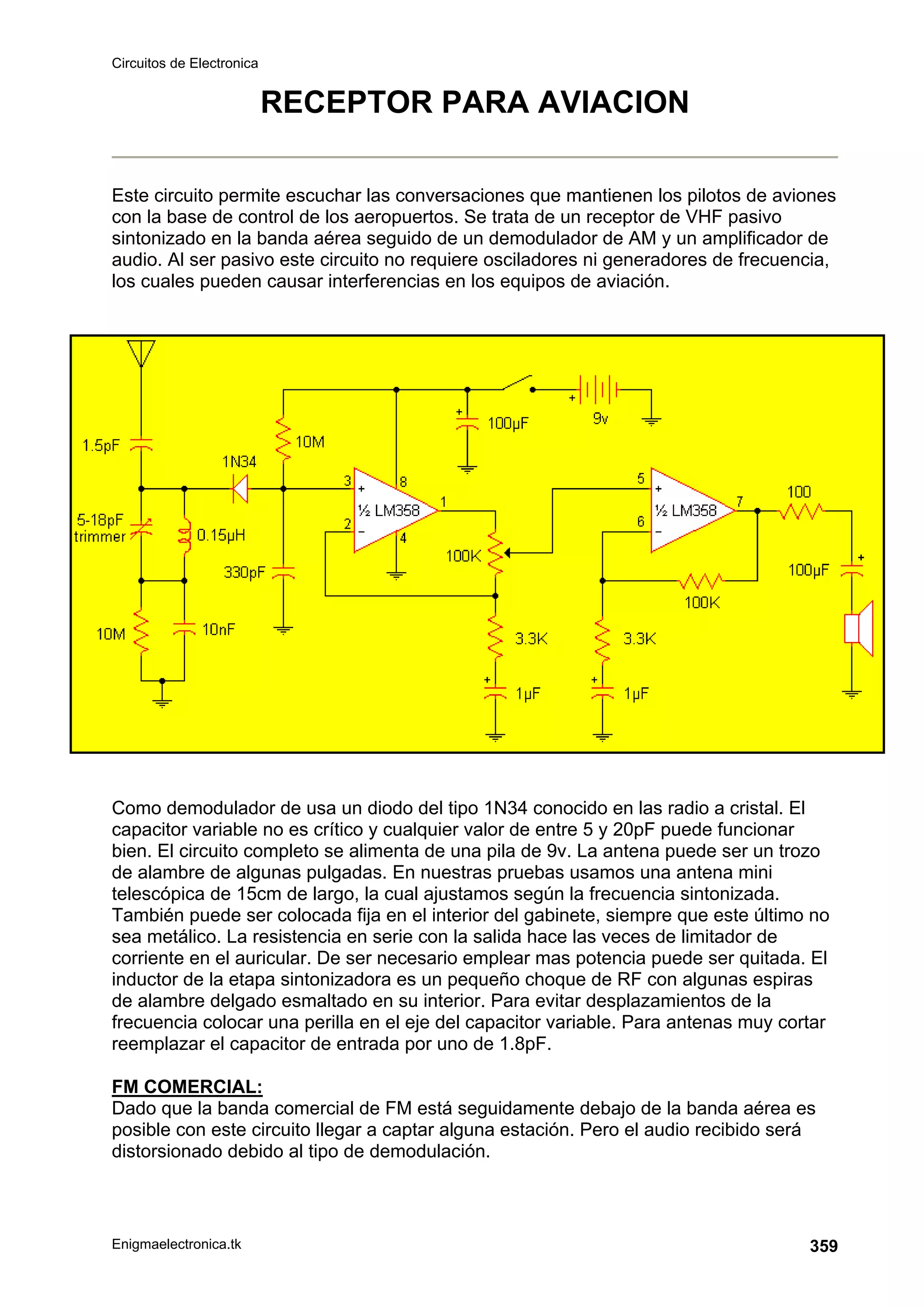 Circuitos de Electronica
Enigmaelectronica.tk 359
RECEPTOR PARA AVIACION
Este circuito permite escuchar las conversaciones que mantienen los pilotos de aviones
con la base de control de los aeropuertos. Se trata de un receptor de VHF pasivo
sintonizado en la banda aérea seguido de un demodulador de AM y un amplificador de
audio. Al ser pasivo este circuito no requiere osciladores ni generadores de frecuencia,
los cuales pueden causar interferencias en los equipos de aviación.
Como demodulador de usa un diodo del tipo 1N34 conocido en las radio a cristal. El
capacitor variable no es crítico y cualquier valor de entre 5 y 20pF puede funcionar
bien. El circuito completo se alimenta de una pila de 9v. La antena puede ser un trozo
de alambre de algunas pulgadas. En nuestras pruebas usamos una antena mini
telescópica de 15cm de largo, la cual ajustamos según la frecuencia sintonizada.
También puede ser colocada fija en el interior del gabinete, siempre que este último no
sea metálico. La resistencia en serie con la salida hace las veces de limitador de
corriente en el auricular. De ser necesario emplear mas potencia puede ser quitada. El
inductor de la etapa sintonizadora es un pequeño choque de RF con algunas espiras
de alambre delgado esmaltado en su interior. Para evitar desplazamientos de la
frecuencia colocar una perilla en el eje del capacitor variable. Para antenas muy cortar
reemplazar el capacitor de entrada por uno de 1.8pF.
FM COMERCIAL:
Dado que la banda comercial de FM está seguidamente debajo de la banda aérea es
posible con este circuito llegar a captar alguna estación. Pero el audio recibido será
distorsionado debido al tipo de demodulación.
 