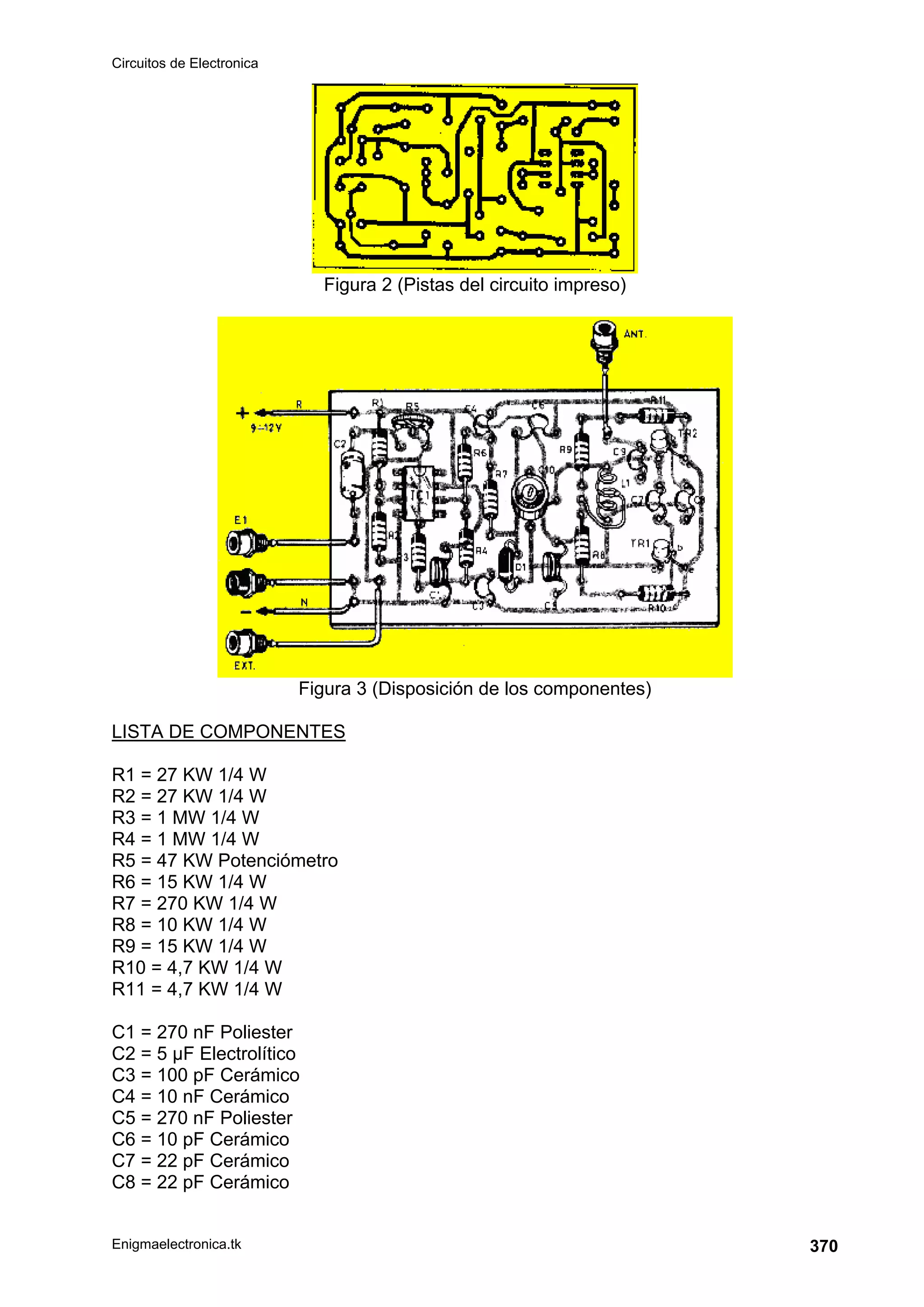 Circuitos de Electronica
Enigmaelectronica.tk 370
Figura 2 (Pistas del circuito impreso)
Figura 3 (Disposición de los componentes)
LISTA DE COMPONENTES
R1 = 27 KW 1/4 W
R2 = 27 KW 1/4 W
R3 = 1 MW 1/4 W
R4 = 1 MW 1/4 W
R5 = 47 KW Potenciómetro
R6 = 15 KW 1/4 W
R7 = 270 KW 1/4 W
R8 = 10 KW 1/4 W
R9 = 15 KW 1/4 W
R10 = 4,7 KW 1/4 W
R11 = 4,7 KW 1/4 W
C1 = 270 nF Poliester
C2 = 5 µF Electrolítico
C3 = 100 pF Cerámico
C4 = 10 nF Cerámico
C5 = 270 nF Poliester
C6 = 10 pF Cerámico
C7 = 22 pF Cerámico
C8 = 22 pF Cerámico
 
