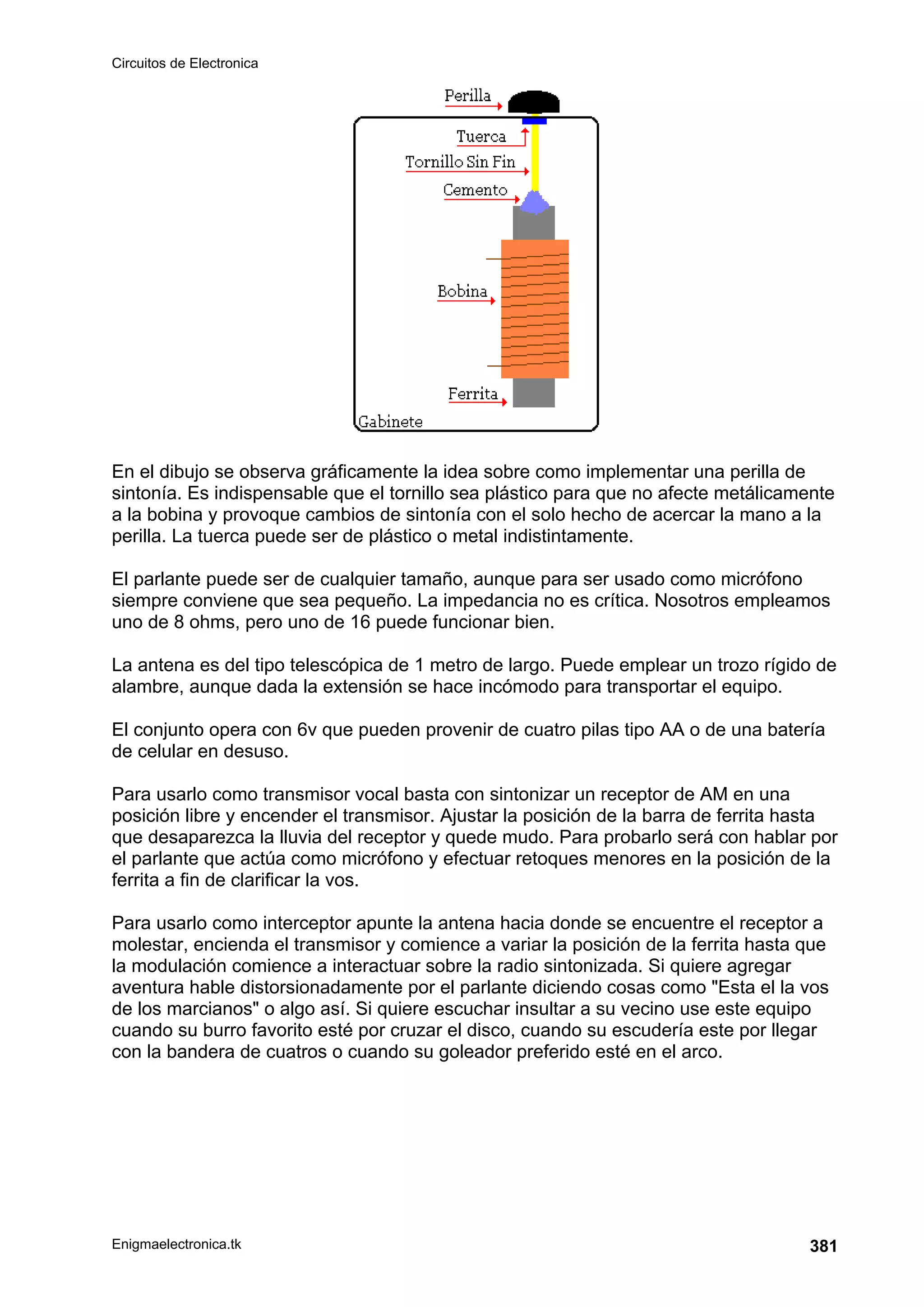 Circuitos de Electronica
Enigmaelectronica.tk 381
En el dibujo se observa gráficamente la idea sobre como implementar una perilla de
sintonía. Es indispensable que el tornillo sea plástico para que no afecte metálicamente
a la bobina y provoque cambios de sintonía con el solo hecho de acercar la mano a la
perilla. La tuerca puede ser de plástico o metal indistintamente.
El parlante puede ser de cualquier tamaño, aunque para ser usado como micrófono
siempre conviene que sea pequeño. La impedancia no es crítica. Nosotros empleamos
uno de 8 ohms, pero uno de 16 puede funcionar bien.
La antena es del tipo telescópica de 1 metro de largo. Puede emplear un trozo rígido de
alambre, aunque dada la extensión se hace incómodo para transportar el equipo.
El conjunto opera con 6v que pueden provenir de cuatro pilas tipo AA o de una batería
de celular en desuso.
Para usarlo como transmisor vocal basta con sintonizar un receptor de AM en una
posición libre y encender el transmisor. Ajustar la posición de la barra de ferrita hasta
que desaparezca la lluvia del receptor y quede mudo. Para probarlo será con hablar por
el parlante que actúa como micrófono y efectuar retoques menores en la posición de la
ferrita a fin de clarificar la vos.
Para usarlo como interceptor apunte la antena hacia donde se encuentre el receptor a
molestar, encienda el transmisor y comience a variar la posición de la ferrita hasta que
la modulación comience a interactuar sobre la radio sintonizada. Si quiere agregar
aventura hable distorsionadamente por el parlante diciendo cosas como Esta el la vos
de los marcianos o algo así. Si quiere escuchar insultar a su vecino use este equipo
cuando su burro favorito esté por cruzar el disco, cuando su escudería este por llegar
con la bandera de cuatros o cuando su goleador preferido esté en el arco.
 