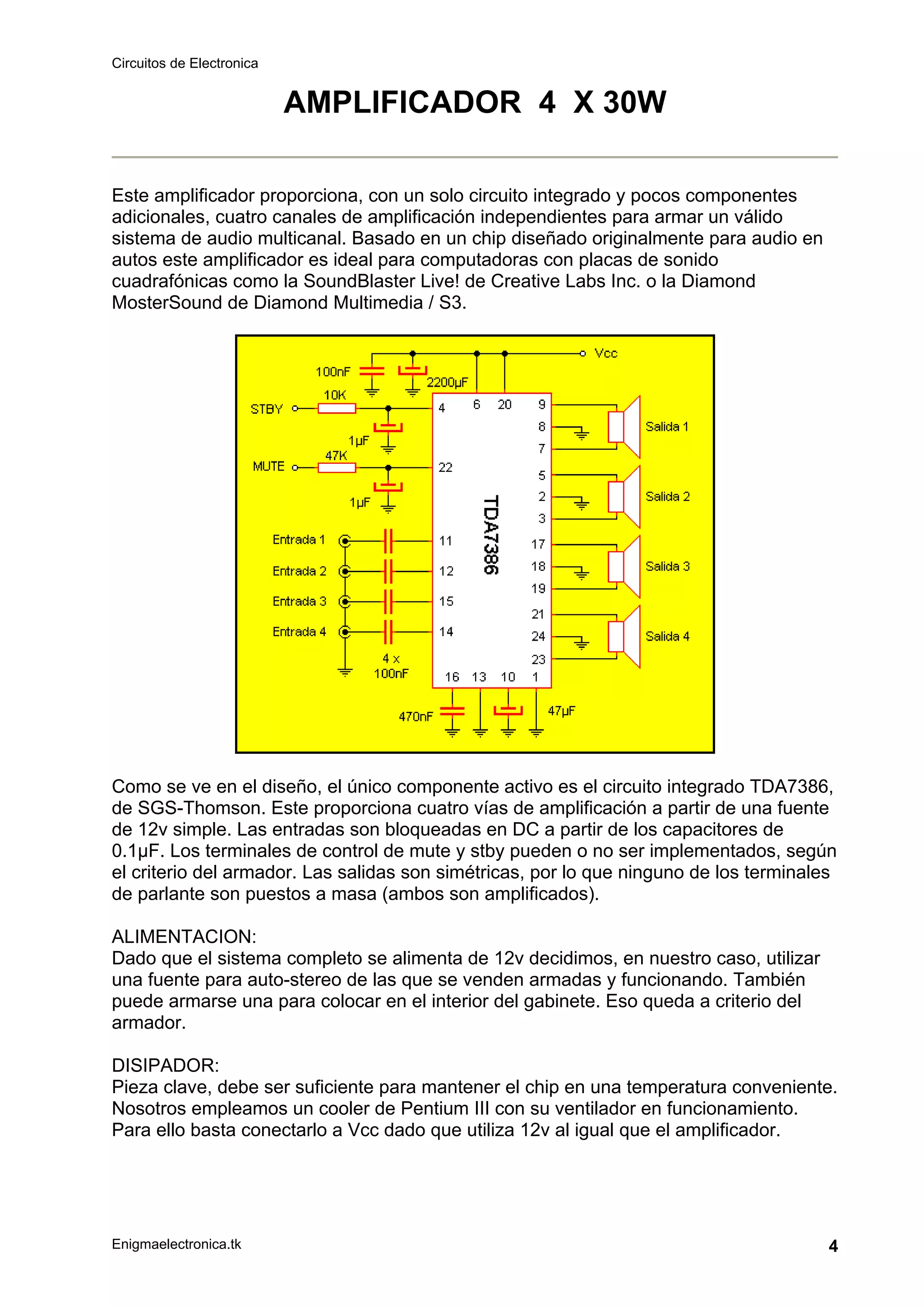 Circuitos de Electronica
Enigmaelectronica.tk 4
AMPLIFICADOR 4 X 30W
Este amplificador proporciona, con un solo circuito integrado y pocos componentes
adicionales, cuatro canales de amplificación independientes para armar un válido
sistema de audio multicanal. Basado en un chip diseñado originalmente para audio en
autos este amplificador es ideal para computadoras con placas de sonido
cuadrafónicas como la SoundBlaster Live! de Creative Labs Inc. o la Diamond
MosterSound de Diamond Multimedia / S3.
Como se ve en el diseño, el único componente activo es el circuito integrado TDA7386,
de SGS-Thomson. Este proporciona cuatro vías de amplificación a partir de una fuente
de 12v simple. Las entradas son bloqueadas en DC a partir de los capacitores de
0.1µF. Los terminales de control de mute y stby pueden o no ser implementados, según
el criterio del armador. Las salidas son simétricas, por lo que ninguno de los terminales
de parlante son puestos a masa (ambos son amplificados).
ALIMENTACION:
Dado que el sistema completo se alimenta de 12v decidimos, en nuestro caso, utilizar
una fuente para auto-stereo de las que se venden armadas y funcionando. También
puede armarse una para colocar en el interior del gabinete. Eso queda a criterio del
armador.
DISIPADOR:
Pieza clave, debe ser suficiente para mantener el chip en una temperatura conveniente.
Nosotros empleamos un cooler de Pentium III con su ventilador en funcionamiento.
Para ello basta conectarlo a Vcc dado que utiliza 12v al igual que el amplificador.
 
