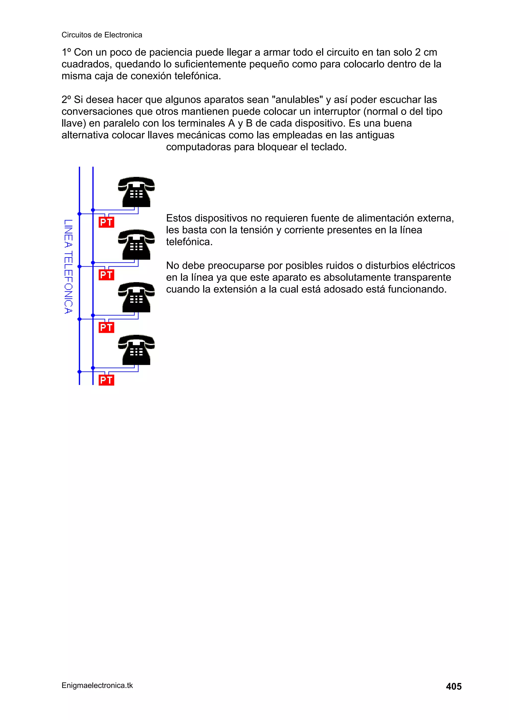 Circuitos de Electronica
Enigmaelectronica.tk 405
1º Con un poco de paciencia puede llegar a armar todo el circuito en tan solo 2 cm
cuadrados, quedando lo suficientemente pequeño como para colocarlo dentro de la
misma caja de conexión telefónica.
2º Si desea hacer que algunos aparatos sean anulables y así poder escuchar las
conversaciones que otros mantienen puede colocar un interruptor (normal o del tipo
llave) en paralelo con los terminales A y B de cada dispositivo. Es una buena
alternativa colocar llaves mecánicas como las empleadas en las antiguas
computadoras para bloquear el teclado.
Estos dispositivos no requieren fuente de alimentación externa,
les basta con la tensión y corriente presentes en la línea
telefónica.
No debe preocuparse por posibles ruidos o disturbios eléctricos
en la línea ya que este aparato es absolutamente transparente
cuando la extensión a la cual está adosado está funcionando.
 