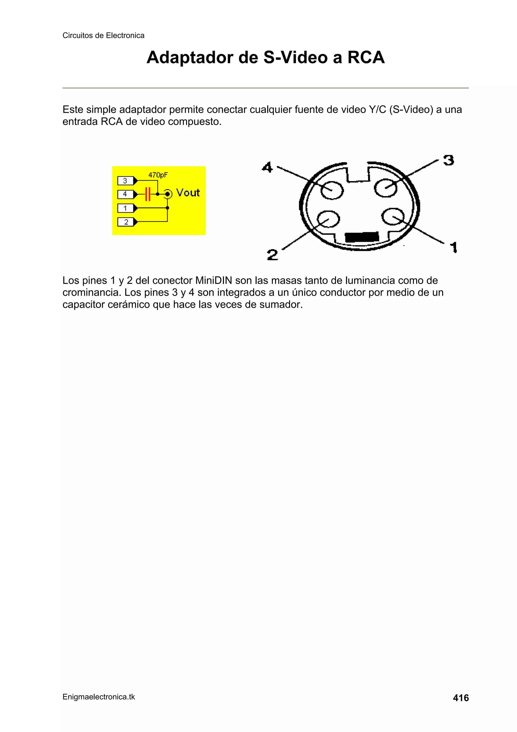 Circuitos de Electronica
Enigmaelectronica.tk 416
Adaptador de S-Video a RCA
Este simple adaptador permite conectar cualquier fuente de video Y/C (S-Video) a una
entrada RCA de video compuesto.
Los pines 1 y 2 del conector MiniDIN son las masas tanto de luminancia como de
crominancia. Los pines 3 y 4 son integrados a un único conductor por medio de un
capacitor cerámico que hace las veces de sumador.
 