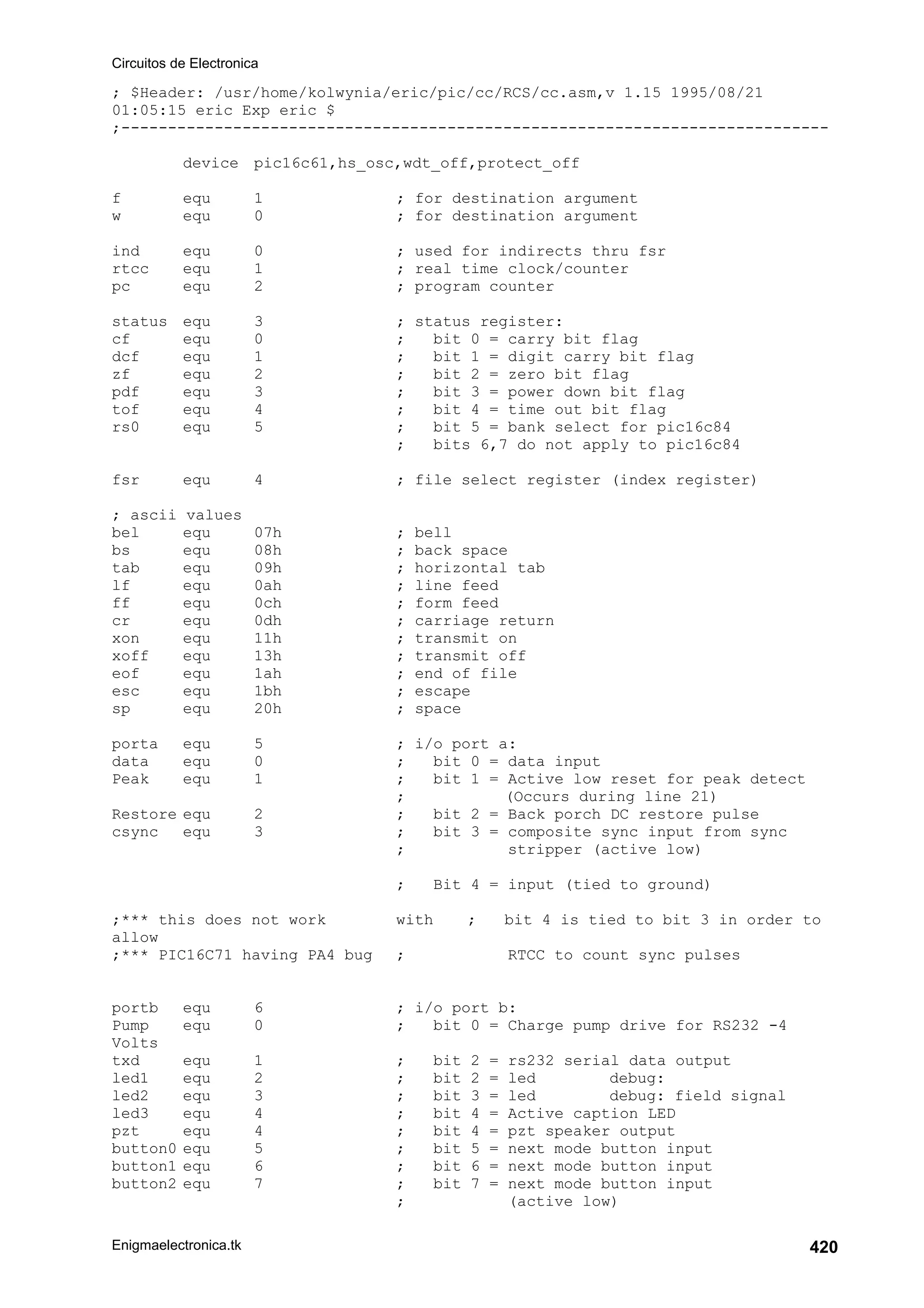 Circuitos de Electronica
Enigmaelectronica.tk 420
; $Header: /usr/home/kolwynia/eric/pic/cc/RCS/cc.asm,v 1.15 1995/08/21
01:05:15 eric Exp eric $
;----------------------------------------------------------------------------
device pic16c61,hs_osc,wdt_off,protect_off
f equ 1 ; for destination argument
w equ 0 ; for destination argument
ind equ 0 ; used for indirects thru fsr
rtcc equ 1 ; real time clock/counter
pc equ 2 ; program counter
status equ 3 ; status register:
cf equ 0 ; bit 0 = carry bit flag
dcf equ 1 ; bit 1 = digit carry bit flag
zf equ 2 ; bit 2 = zero bit flag
pdf equ 3 ; bit 3 = power down bit flag
tof equ 4 ; bit 4 = time out bit flag
rs0 equ 5 ; bit 5 = bank select for pic16c84
; bits 6,7 do not apply to pic16c84
fsr equ 4 ; file select register (index register)
; ascii values
bel equ 07h ; bell
bs equ 08h ; back space
tab equ 09h ; horizontal tab
lf equ 0ah ; line feed
ff equ 0ch ; form feed
cr equ 0dh ; carriage return
xon equ 11h ; transmit on
xoff equ 13h ; transmit off
eof equ 1ah ; end of file
esc equ 1bh ; escape
sp equ 20h ; space
porta equ 5 ; i/o port a:
data equ 0 ; bit 0 = data input
Peak equ 1 ; bit 1 = Active low reset for peak detect
; (Occurs during line 21)
Restore equ 2 ; bit 2 = Back porch DC restore pulse
csync equ 3 ; bit 3 = composite sync input from sync
; stripper (active low)
; Bit 4 = input (tied to ground)
;*** this does not work with ; bit 4 is tied to bit 3 in order to
allow
;*** PIC16C71 having PA4 bug ; RTCC to count sync pulses
portb equ 6 ; i/o port b:
Pump equ 0 ; bit 0 = Charge pump drive for RS232 -4
Volts
txd equ 1 ; bit 2 = rs232 serial data output
led1 equ 2 ; bit 2 = led debug:
led2 equ 3 ; bit 3 = led debug: field signal
led3 equ 4 ; bit 4 = Active caption LED
pzt equ 4 ; bit 4 = pzt speaker output
button0 equ 5 ; bit 5 = next mode button input
button1 equ 6 ; bit 6 = next mode button input
button2 equ 7 ; bit 7 = next mode button input
; (active low)
 