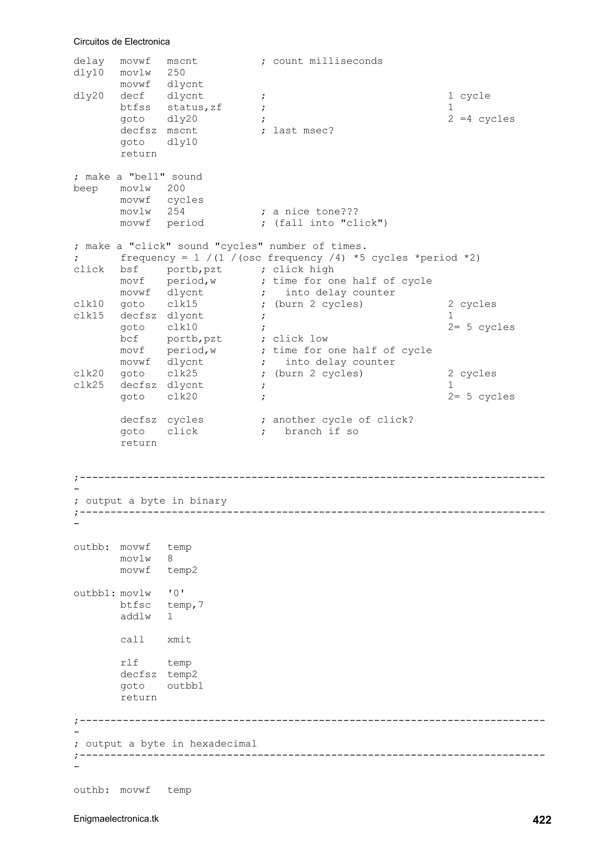 Circuitos de Electronica
Enigmaelectronica.tk 422
delay movwf mscnt ; count milliseconds
dly10 movlw 250
movwf dlycnt
dly20 decf dlycnt ; 1 cycle
btfss status,zf ; 1
goto dly20 ; 2 =4 cycles
decfsz mscnt ; last msec?
goto dly10
return
; make a bell sound
beep movlw 200
movwf cycles
movlw 254 ; a nice tone???
movwf period ; (fall into click)
; make a click sound cycles number of times.
; frequency = 1 /(1 /(osc frequency /4) *5 cycles *period *2)
click bsf portb,pzt ; click high
movf period,w ; time for one half of cycle
movwf dlycnt ; into delay counter
clk10 goto clk15 ; (burn 2 cycles) 2 cycles
clk15 decfsz dlycnt ; 1
goto clk10 ; 2= 5 cycles
bcf portb,pzt ; click low
movf period,w ; time for one half of cycle
movwf dlycnt ; into delay counter
clk20 goto clk25 ; (burn 2 cycles) 2 cycles
clk25 decfsz dlycnt ; 1
goto clk20 ; 2= 5 cycles
decfsz cycles ; another cycle of click?
goto click ; branch if so
return
;----------------------------------------------------------------------------
-
; output a byte in binary
;----------------------------------------------------------------------------
-
outbb: movwf temp
movlw 8
movwf temp2
outbb1: movlw '0'
btfsc temp,7
addlw 1
call xmit
rlf temp
decfsz temp2
goto outbb1
return
;----------------------------------------------------------------------------
-
; output a byte in hexadecimal
;----------------------------------------------------------------------------
-
outhb: movwf temp
 