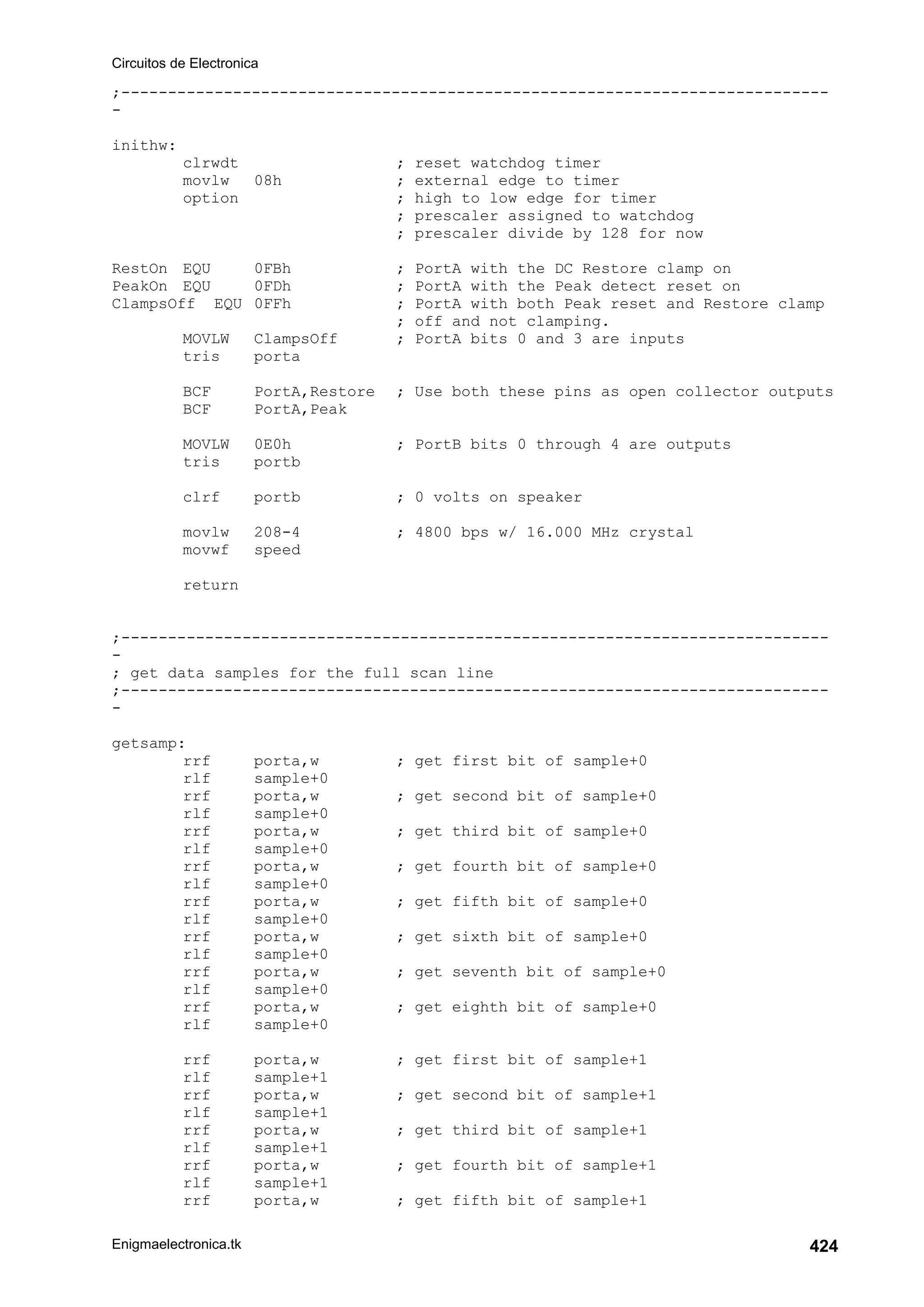 Circuitos de Electronica
Enigmaelectronica.tk 424
;----------------------------------------------------------------------------
-
inithw:
clrwdt ; reset watchdog timer
movlw 08h ; external edge to timer
option ; high to low edge for timer
; prescaler assigned to watchdog
; prescaler divide by 128 for now
RestOn EQU 0FBh ; PortA with the DC Restore clamp on
PeakOn EQU 0FDh ; PortA with the Peak detect reset on
ClampsOff EQU 0FFh ; PortA with both Peak reset and Restore clamp
; off and not clamping.
MOVLW ClampsOff ; PortA bits 0 and 3 are inputs
tris porta
BCF PortA,Restore ; Use both these pins as open collector outputs
BCF PortA,Peak
MOVLW 0E0h ; PortB bits 0 through 4 are outputs
tris portb
clrf portb ; 0 volts on speaker
movlw 208-4 ; 4800 bps w/ 16.000 MHz crystal
movwf speed
return
;----------------------------------------------------------------------------
-
; get data samples for the full scan line
;----------------------------------------------------------------------------
-
getsamp:
rrf porta,w ; get first bit of sample+0
rlf sample+0
rrf porta,w ; get second bit of sample+0
rlf sample+0
rrf porta,w ; get third bit of sample+0
rlf sample+0
rrf porta,w ; get fourth bit of sample+0
rlf sample+0
rrf porta,w ; get fifth bit of sample+0
rlf sample+0
rrf porta,w ; get sixth bit of sample+0
rlf sample+0
rrf porta,w ; get seventh bit of sample+0
rlf sample+0
rrf porta,w ; get eighth bit of sample+0
rlf sample+0
rrf porta,w ; get first bit of sample+1
rlf sample+1
rrf porta,w ; get second bit of sample+1
rlf sample+1
rrf porta,w ; get third bit of sample+1
rlf sample+1
rrf porta,w ; get fourth bit of sample+1
rlf sample+1
rrf porta,w ; get fifth bit of sample+1
 