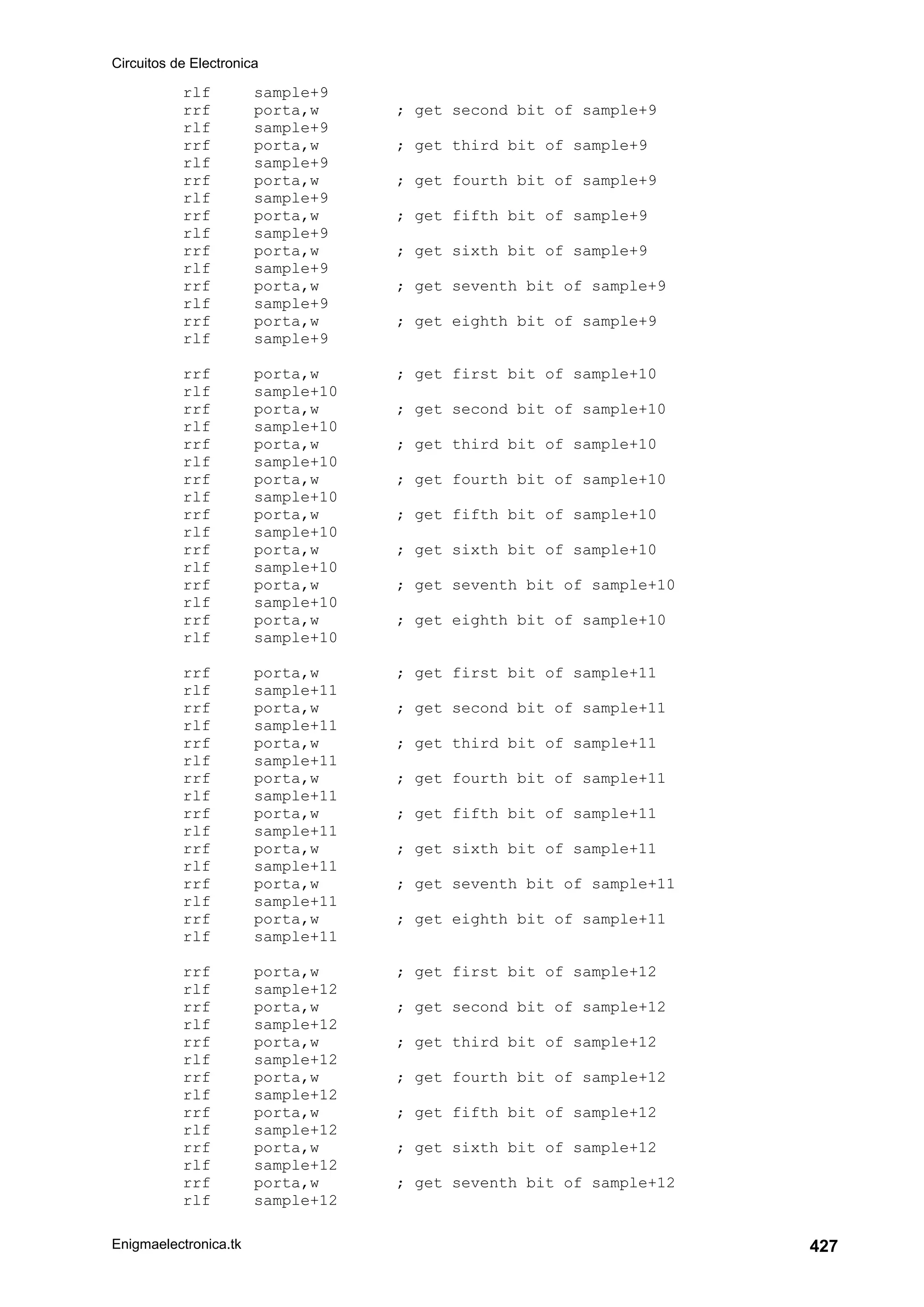 Circuitos de Electronica
Enigmaelectronica.tk 427
rlf sample+9
rrf porta,w ; get second bit of sample+9
rlf sample+9
rrf porta,w ; get third bit of sample+9
rlf sample+9
rrf porta,w ; get fourth bit of sample+9
rlf sample+9
rrf porta,w ; get fifth bit of sample+9
rlf sample+9
rrf porta,w ; get sixth bit of sample+9
rlf sample+9
rrf porta,w ; get seventh bit of sample+9
rlf sample+9
rrf porta,w ; get eighth bit of sample+9
rlf sample+9
rrf porta,w ; get first bit of sample+10
rlf sample+10
rrf porta,w ; get second bit of sample+10
rlf sample+10
rrf porta,w ; get third bit of sample+10
rlf sample+10
rrf porta,w ; get fourth bit of sample+10
rlf sample+10
rrf porta,w ; get fifth bit of sample+10
rlf sample+10
rrf porta,w ; get sixth bit of sample+10
rlf sample+10
rrf porta,w ; get seventh bit of sample+10
rlf sample+10
rrf porta,w ; get eighth bit of sample+10
rlf sample+10
rrf porta,w ; get first bit of sample+11
rlf sample+11
rrf porta,w ; get second bit of sample+11
rlf sample+11
rrf porta,w ; get third bit of sample+11
rlf sample+11
rrf porta,w ; get fourth bit of sample+11
rlf sample+11
rrf porta,w ; get fifth bit of sample+11
rlf sample+11
rrf porta,w ; get sixth bit of sample+11
rlf sample+11
rrf porta,w ; get seventh bit of sample+11
rlf sample+11
rrf porta,w ; get eighth bit of sample+11
rlf sample+11
rrf porta,w ; get first bit of sample+12
rlf sample+12
rrf porta,w ; get second bit of sample+12
rlf sample+12
rrf porta,w ; get third bit of sample+12
rlf sample+12
rrf porta,w ; get fourth bit of sample+12
rlf sample+12
rrf porta,w ; get fifth bit of sample+12
rlf sample+12
rrf porta,w ; get sixth bit of sample+12
rlf sample+12
rrf porta,w ; get seventh bit of sample+12
rlf sample+12
 