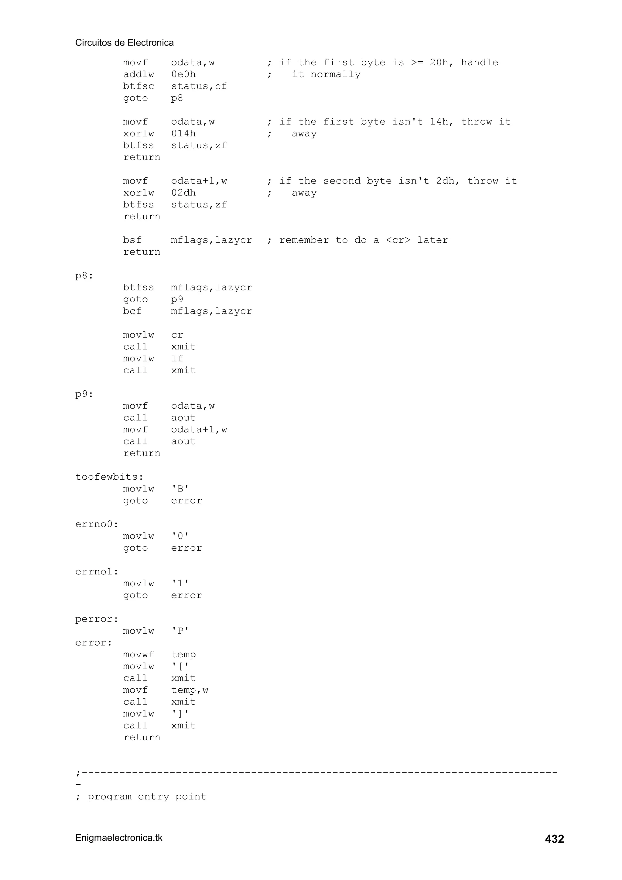 Circuitos de Electronica
Enigmaelectronica.tk 432
movf odata,w ; if the first byte is = 20h, handle
addlw 0e0h ; it normally
btfsc status,cf
goto p8
movf odata,w ; if the first byte isn't 14h, throw it
xorlw 014h ; away
btfss status,zf
return
movf odata+1,w ; if the second byte isn't 2dh, throw it
xorlw 02dh ; away
btfss status,zf
return
bsf mflags,lazycr ; remember to do a cr later
return
p8:
btfss mflags,lazycr
goto p9
bcf mflags,lazycr
movlw cr
call xmit
movlw lf
call xmit
p9:
movf odata,w
call aout
movf odata+1,w
call aout
return
toofewbits:
movlw 'B'
goto error
errno0:
movlw '0'
goto error
errno1:
movlw '1'
goto error
perror:
movlw 'P'
error:
movwf temp
movlw '['
call xmit
movf temp,w
call xmit
movlw ']'
call xmit
return
;----------------------------------------------------------------------------
-
; program entry point
 