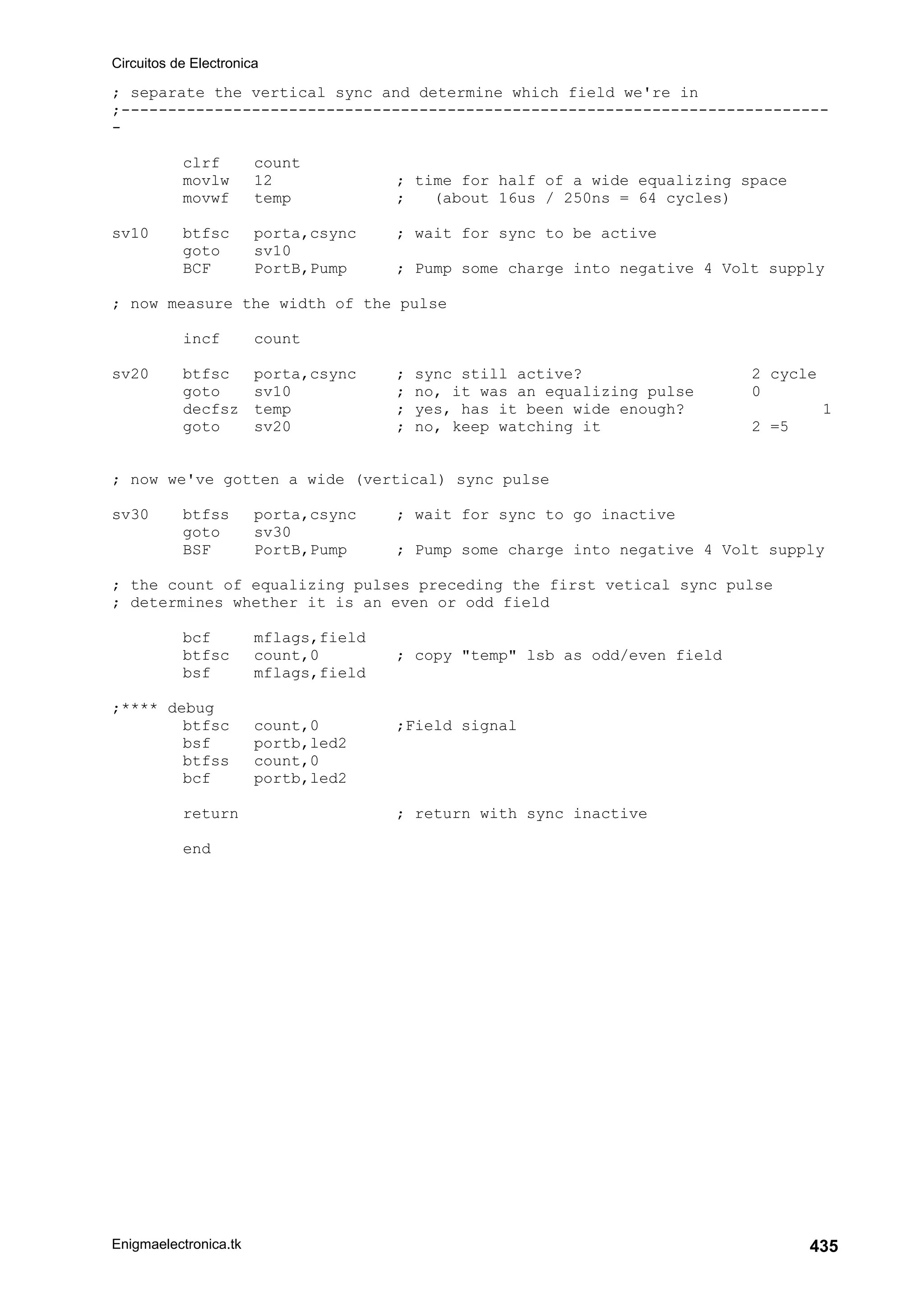 Circuitos de Electronica
Enigmaelectronica.tk 435
; separate the vertical sync and determine which field we're in
;----------------------------------------------------------------------------
-
clrf count
movlw 12 ; time for half of a wide equalizing space
movwf temp ; (about 16us / 250ns = 64 cycles)
sv10 btfsc porta,csync ; wait for sync to be active
goto sv10
BCF PortB,Pump ; Pump some charge into negative 4 Volt supply
; now measure the width of the pulse
incf count
sv20 btfsc porta,csync ; sync still active? 2 cycle
goto sv10 ; no, it was an equalizing pulse 0
decfsz temp ; yes, has it been wide enough? 1
goto sv20 ; no, keep watching it 2 =5
; now we've gotten a wide (vertical) sync pulse
sv30 btfss porta,csync ; wait for sync to go inactive
goto sv30
BSF PortB,Pump ; Pump some charge into negative 4 Volt supply
; the count of equalizing pulses preceding the first vetical sync pulse
; determines whether it is an even or odd field
bcf mflags,field
btfsc count,0 ; copy temp lsb as odd/even field
bsf mflags,field
;**** debug
btfsc count,0 ;Field signal
bsf portb,led2
btfss count,0
bcf portb,led2
return ; return with sync inactive
end
 