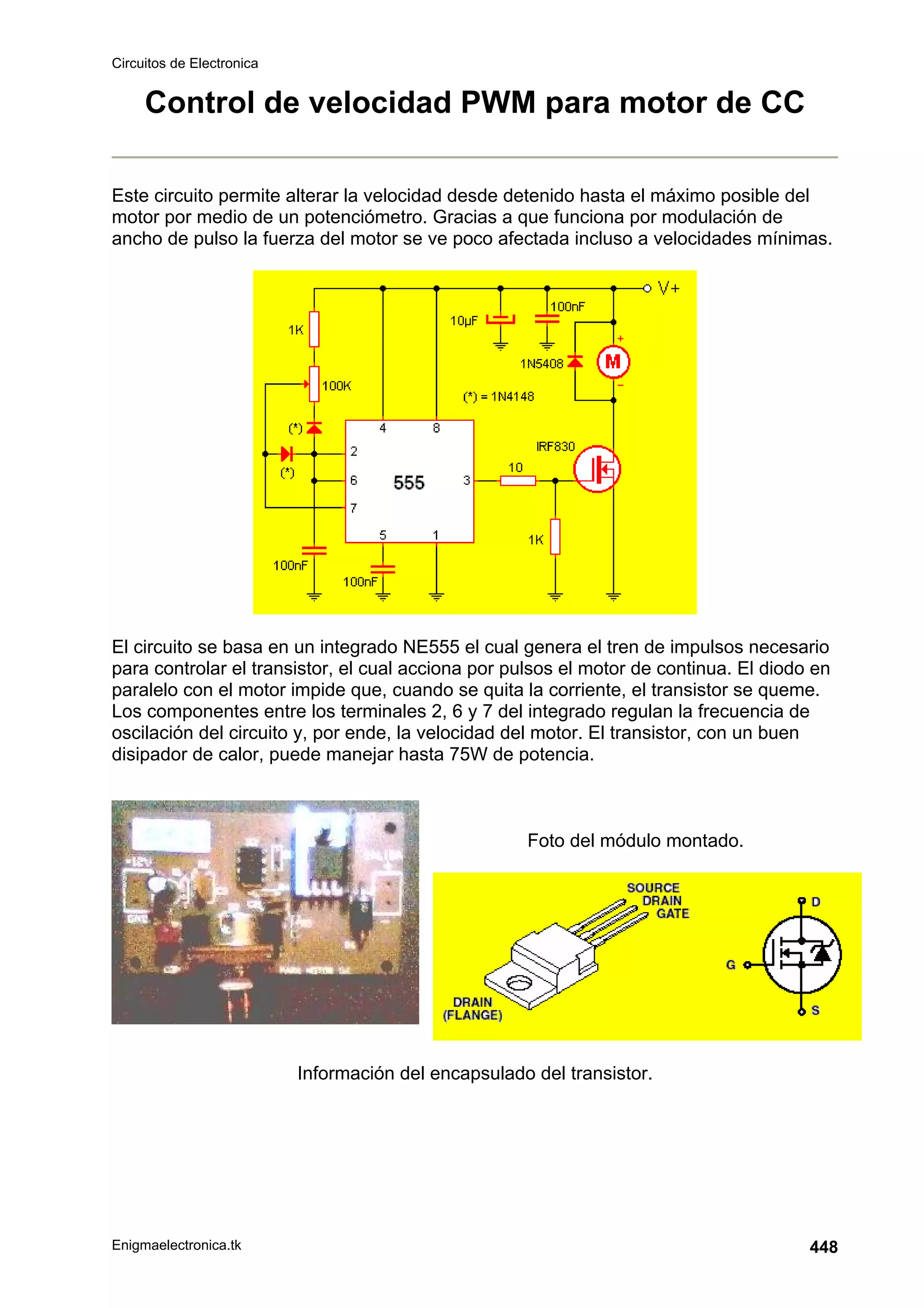 Circuitos de Electronica
Enigmaelectronica.tk 448
Control de velocidad PWM para motor de CC
Este circuito permite alterar la velocidad desde detenido hasta el máximo posible del
motor por medio de un potenciómetro. Gracias a que funciona por modulación de
ancho de pulso la fuerza del motor se ve poco afectada incluso a velocidades mínimas.
El circuito se basa en un integrado NE555 el cual genera el tren de impulsos necesario
para controlar el transistor, el cual acciona por pulsos el motor de continua. El diodo en
paralelo con el motor impide que, cuando se quita la corriente, el transistor se queme.
Los componentes entre los terminales 2, 6 y 7 del integrado regulan la frecuencia de
oscilación del circuito y, por ende, la velocidad del motor. El transistor, con un buen
disipador de calor, puede manejar hasta 75W de potencia.
Foto del módulo montado.
Información del encapsulado del transistor.
 