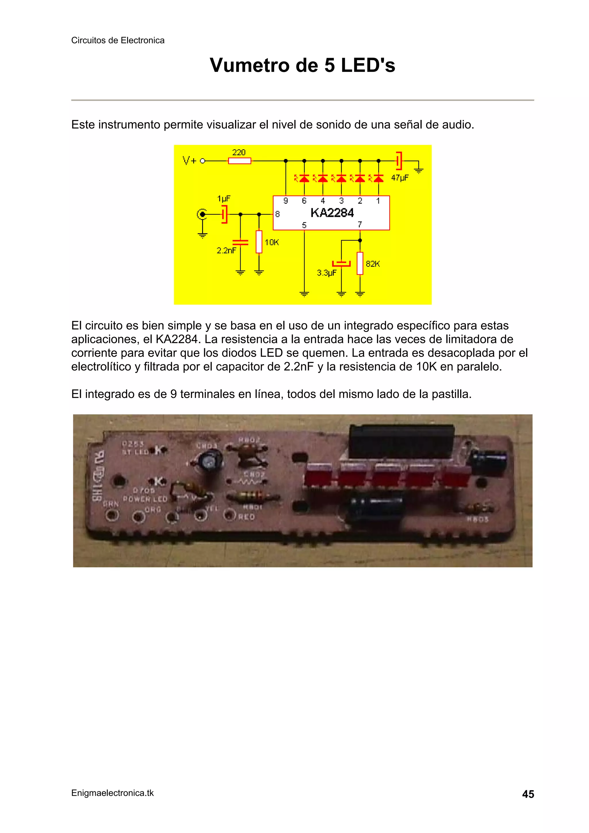 Circuitos de Electronica
Enigmaelectronica.tk 45
Vumetro de 5 LED's
Este instrumento permite visualizar el nivel de sonido de una señal de audio.
El circuito es bien simple y se basa en el uso de un integrado específico para estas
aplicaciones, el KA2284. La resistencia a la entrada hace las veces de limitadora de
corriente para evitar que los diodos LED se quemen. La entrada es desacoplada por el
electrolítico y filtrada por el capacitor de 2.2nF y la resistencia de 10K en paralelo.
El integrado es de 9 terminales en línea, todos del mismo lado de la pastilla.
 