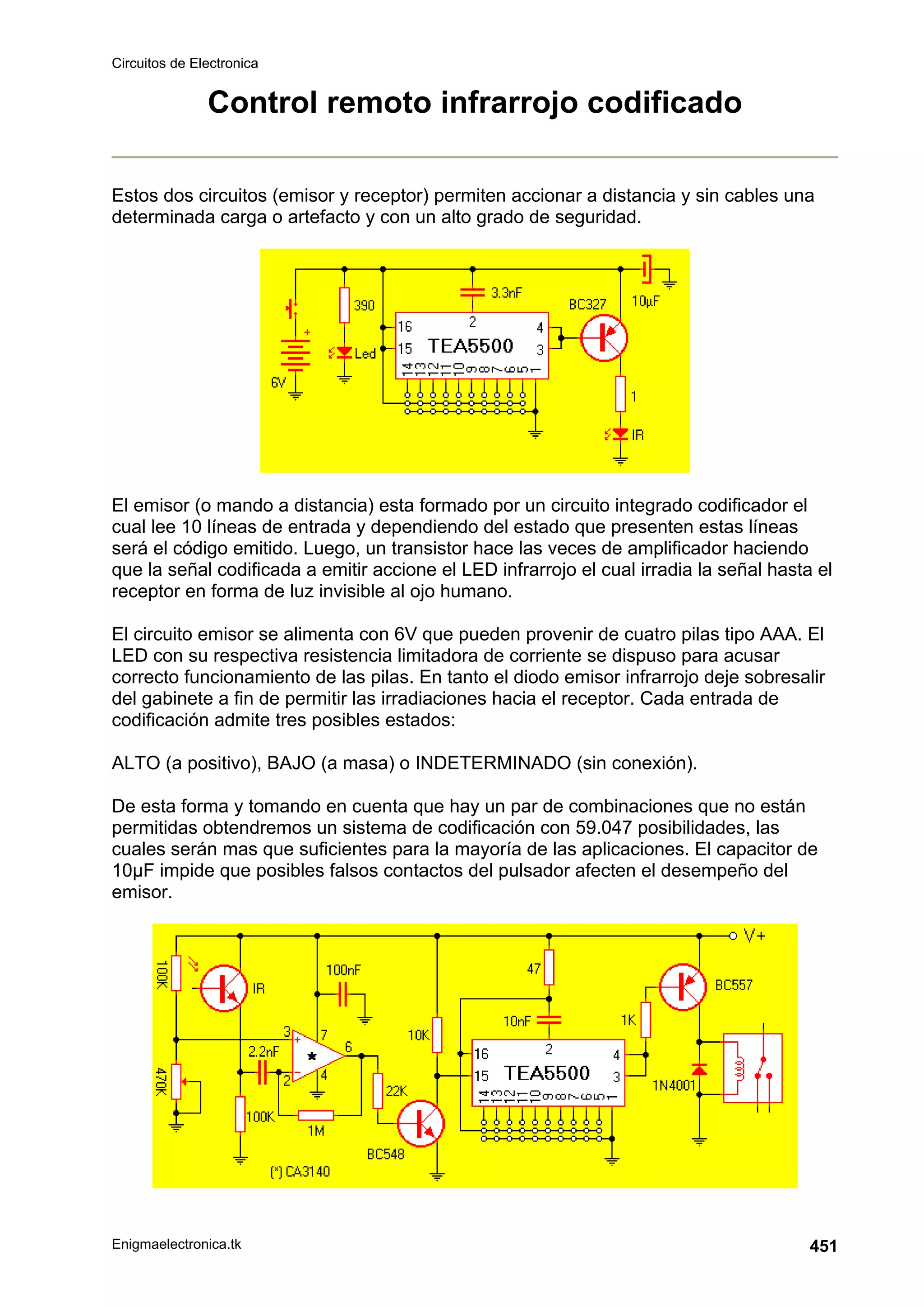Circuitos de Electronica
Enigmaelectronica.tk 451
Control remoto infrarrojo codificado
Estos dos circuitos (emisor y receptor) permiten accionar a distancia y sin cables una
determinada carga o artefacto y con un alto grado de seguridad.
El emisor (o mando a distancia) esta formado por un circuito integrado codificador el
cual lee 10 líneas de entrada y dependiendo del estado que presenten estas líneas
será el código emitido. Luego, un transistor hace las veces de amplificador haciendo
que la señal codificada a emitir accione el LED infrarrojo el cual irradia la señal hasta el
receptor en forma de luz invisible al ojo humano.
El circuito emisor se alimenta con 6V que pueden provenir de cuatro pilas tipo AAA. El
LED con su respectiva resistencia limitadora de corriente se dispuso para acusar
correcto funcionamiento de las pilas. En tanto el diodo emisor infrarrojo deje sobresalir
del gabinete a fin de permitir las irradiaciones hacia el receptor. Cada entrada de
codificación admite tres posibles estados:
ALTO (a positivo), BAJO (a masa) o INDETERMINADO (sin conexión).
De esta forma y tomando en cuenta que hay un par de combinaciones que no están
permitidas obtendremos un sistema de codificación con 59.047 posibilidades, las
cuales serán mas que suficientes para la mayoría de las aplicaciones. El capacitor de
10µF impide que posibles falsos contactos del pulsador afecten el desempeño del
emisor.
 
