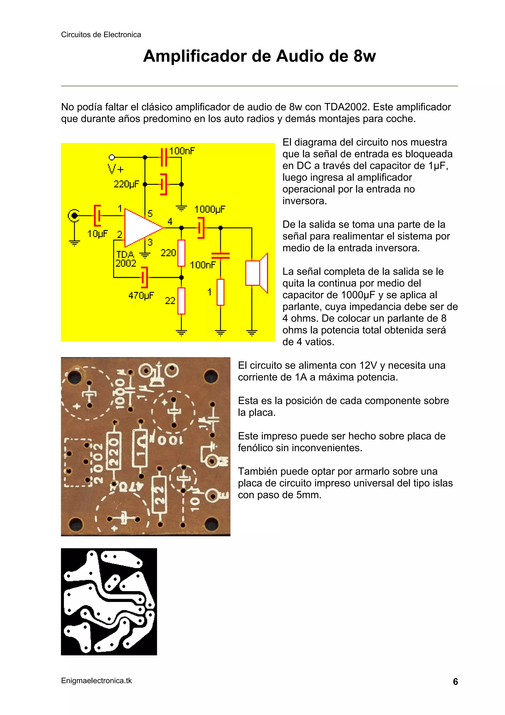 Circuitos de Electronica
Enigmaelectronica.tk 6
Amplificador de Audio de 8w
No podía faltar el clásico amplificador de audio de 8w con TDA2002. Este amplificador
que durante años predomino en los auto radios y demás montajes para coche.
El diagrama del circuito nos muestra
que la señal de entrada es bloqueada
en DC a través del capacitor de 1µF,
luego ingresa al amplificador
operacional por la entrada no
inversora.
De la salida se toma una parte de la
señal para realimentar el sistema por
medio de la entrada inversora.
La señal completa de la salida se le
quita la continua por medio del
capacitor de 1000µF y se aplica al
parlante, cuya impedancia debe ser de
4 ohms. De colocar un parlante de 8
ohms la potencia total obtenida será
de 4 vatios.
El circuito se alimenta con 12V y necesita una
corriente de 1A a máxima potencia.
Esta es la posición de cada componente sobre
la placa.
Este impreso puede ser hecho sobre placa de
fenólico sin inconvenientes.
También puede optar por armarlo sobre una
placa de circuito impreso universal del tipo islas
con paso de 5mm.
 