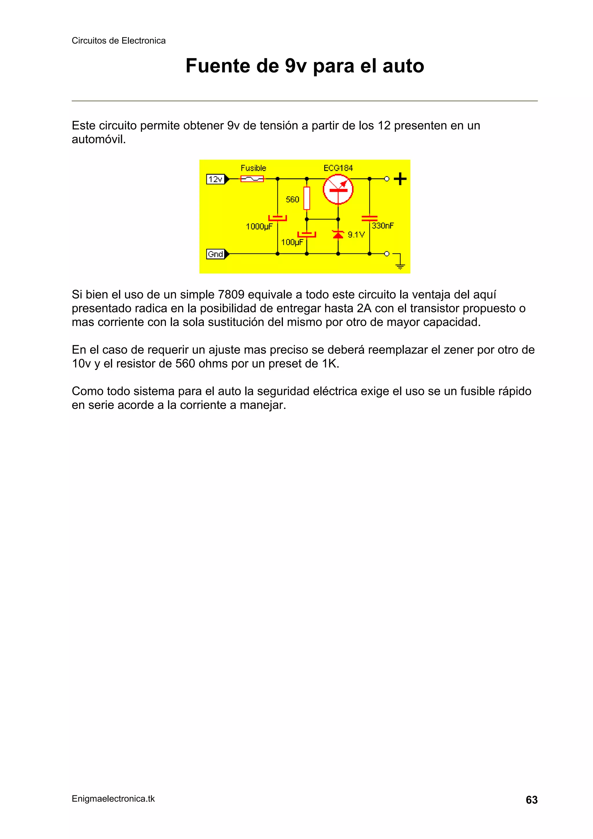 Circuitos de Electronica
Enigmaelectronica.tk 63
Fuente de 9v para el auto
Este circuito permite obtener 9v de tensión a partir de los 12 presenten en un
automóvil.
Si bien el uso de un simple 7809 equivale a todo este circuito la ventaja del aquí
presentado radica en la posibilidad de entregar hasta 2A con el transistor propuesto o
mas corriente con la sola sustitución del mismo por otro de mayor capacidad.
En el caso de requerir un ajuste mas preciso se deberá reemplazar el zener por otro de
10v y el resistor de 560 ohms por un preset de 1K.
Como todo sistema para el auto la seguridad eléctrica exige el uso se un fusible rápido
en serie acorde a la corriente a manejar.
 