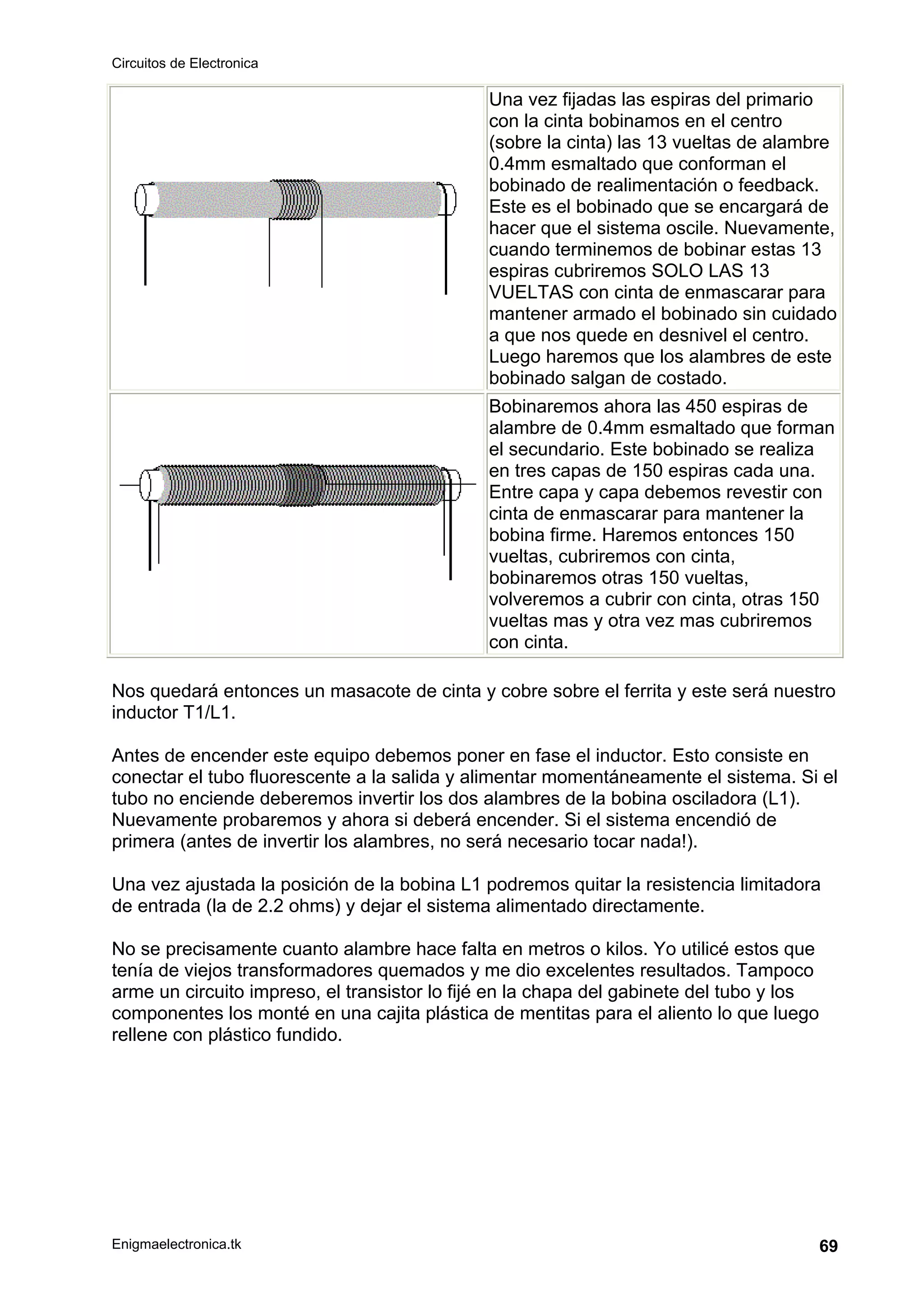 Circuitos de Electronica
Enigmaelectronica.tk 69
Una vez fijadas las espiras del primario
con la cinta bobinamos en el centro
(sobre la cinta) las 13 vueltas de alambre
0.4mm esmaltado que conforman el
bobinado de realimentación o feedback.
Este es el bobinado que se encargará de
hacer que el sistema oscile. Nuevamente,
cuando terminemos de bobinar estas 13
espiras cubriremos SOLO LAS 13
VUELTAS con cinta de enmascarar para
mantener armado el bobinado sin cuidado
a que nos quede en desnivel el centro.
Luego haremos que los alambres de este
bobinado salgan de costado.
Bobinaremos ahora las 450 espiras de
alambre de 0.4mm esmaltado que forman
el secundario. Este bobinado se realiza
en tres capas de 150 espiras cada una.
Entre capa y capa debemos revestir con
cinta de enmascarar para mantener la
bobina firme. Haremos entonces 150
vueltas, cubriremos con cinta,
bobinaremos otras 150 vueltas,
volveremos a cubrir con cinta, otras 150
vueltas mas y otra vez mas cubriremos
con cinta.
Nos quedará entonces un masacote de cinta y cobre sobre el ferrita y este será nuestro
inductor T1/L1.
Antes de encender este equipo debemos poner en fase el inductor. Esto consiste en
conectar el tubo fluorescente a la salida y alimentar momentáneamente el sistema. Si el
tubo no enciende deberemos invertir los dos alambres de la bobina osciladora (L1).
Nuevamente probaremos y ahora si deberá encender. Si el sistema encendió de
primera (antes de invertir los alambres, no será necesario tocar nada!).
Una vez ajustada la posición de la bobina L1 podremos quitar la resistencia limitadora
de entrada (la de 2.2 ohms) y dejar el sistema alimentado directamente.
No se precisamente cuanto alambre hace falta en metros o kilos. Yo utilicé estos que
tenía de viejos transformadores quemados y me dio excelentes resultados. Tampoco
arme un circuito impreso, el transistor lo fijé en la chapa del gabinete del tubo y los
componentes los monté en una cajita plástica de mentitas para el aliento lo que luego
rellene con plástico fundido.
 