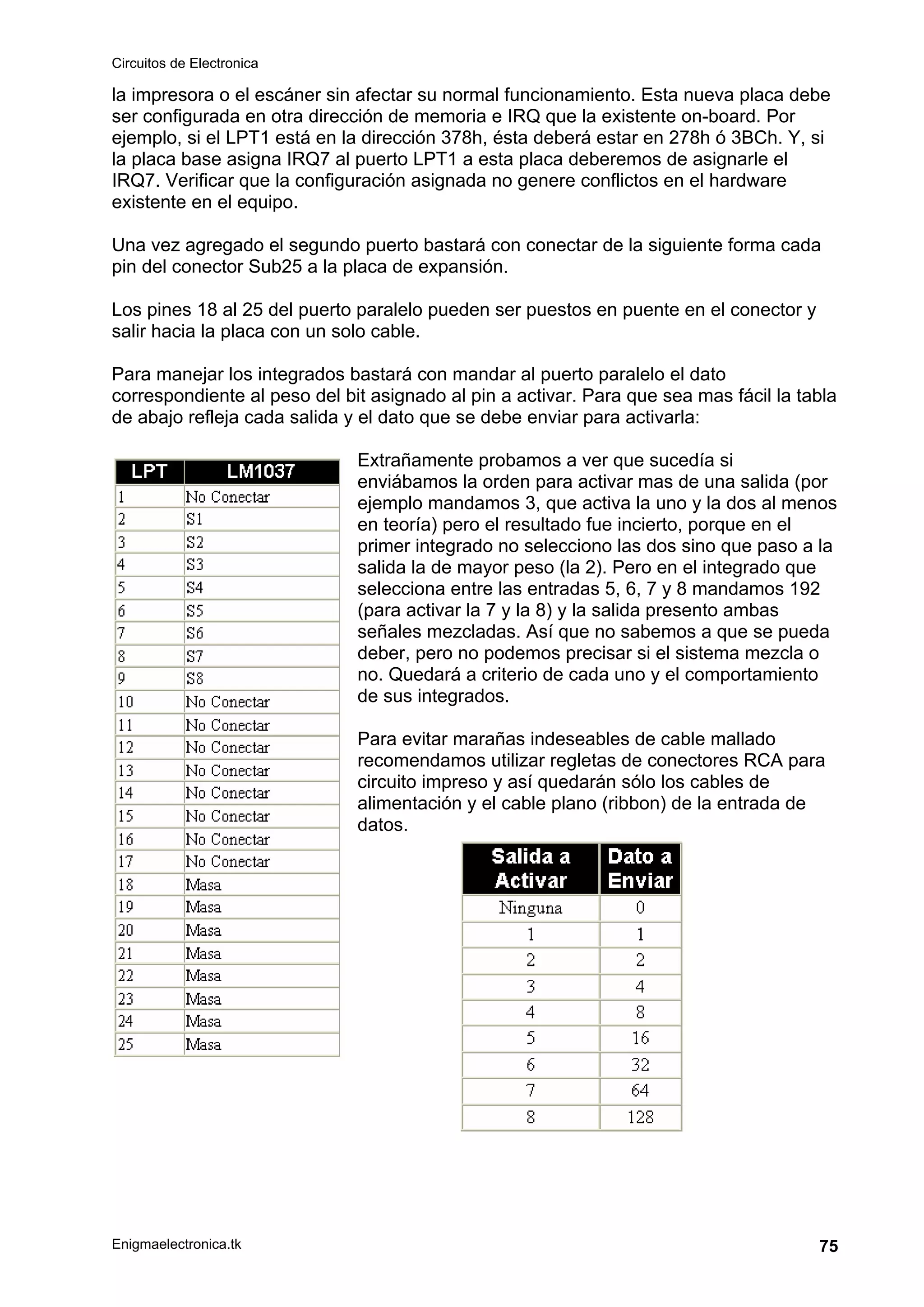 Circuitos de Electronica
Enigmaelectronica.tk 75
la impresora o el escáner sin afectar su normal funcionamiento. Esta nueva placa debe
ser configurada en otra dirección de memoria e IRQ que la existente on-board. Por
ejemplo, si el LPT1 está en la dirección 378h, ésta deberá estar en 278h ó 3BCh. Y, si
la placa base asigna IRQ7 al puerto LPT1 a esta placa deberemos de asignarle el
IRQ7. Verificar que la configuración asignada no genere conflictos en el hardware
existente en el equipo.
Una vez agregado el segundo puerto bastará con conectar de la siguiente forma cada
pin del conector Sub25 a la placa de expansión.
Los pines 18 al 25 del puerto paralelo pueden ser puestos en puente en el conector y
salir hacia la placa con un solo cable.
Para manejar los integrados bastará con mandar al puerto paralelo el dato
correspondiente al peso del bit asignado al pin a activar. Para que sea mas fácil la tabla
de abajo refleja cada salida y el dato que se debe enviar para activarla:
Extrañamente probamos a ver que sucedía si
enviábamos la orden para activar mas de una salida (por
ejemplo mandamos 3, que activa la uno y la dos al menos
en teoría) pero el resultado fue incierto, porque en el
primer integrado no selecciono las dos sino que paso a la
salida la de mayor peso (la 2). Pero en el integrado que
selecciona entre las entradas 5, 6, 7 y 8 mandamos 192
(para activar la 7 y la 8) y la salida presento ambas
señales mezcladas. Así que no sabemos a que se pueda
deber, pero no podemos precisar si el sistema mezcla o
no. Quedará a criterio de cada uno y el comportamiento
de sus integrados.
Para evitar marañas indeseables de cable mallado
recomendamos utilizar regletas de conectores RCA para
circuito impreso y así quedarán sólo los cables de
alimentación y el cable plano (ribbon) de la entrada de
datos.
 