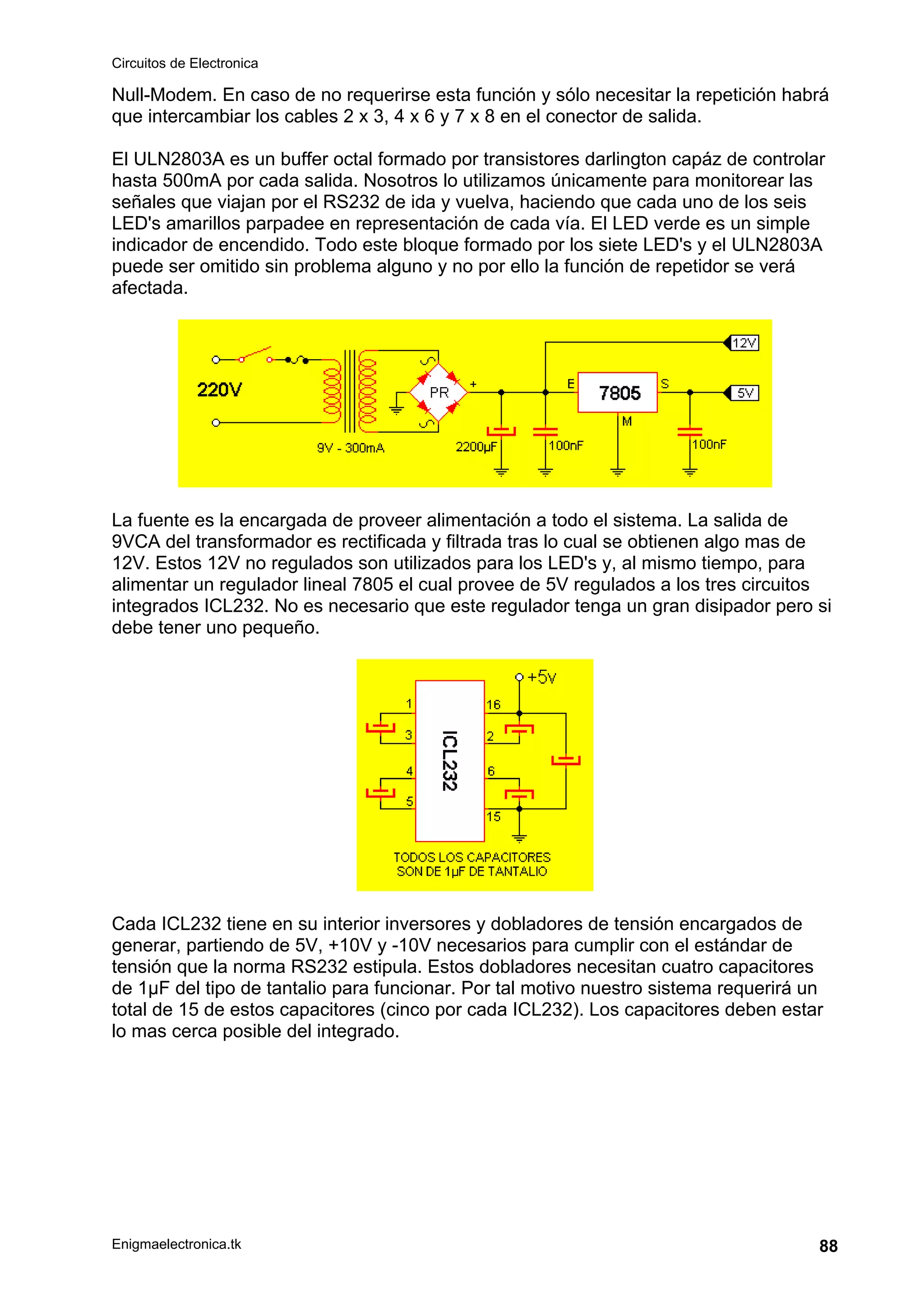 Circuitos de Electronica
Enigmaelectronica.tk 88
Null-Modem. En caso de no requerirse esta función y sólo necesitar la repetición habrá
que intercambiar los cables 2 x 3, 4 x 6 y 7 x 8 en el conector de salida.
El ULN2803A es un buffer octal formado por transistores darlington capáz de controlar
hasta 500mA por cada salida. Nosotros lo utilizamos únicamente para monitorear las
señales que viajan por el RS232 de ida y vuelva, haciendo que cada uno de los seis
LED's amarillos parpadee en representación de cada vía. El LED verde es un simple
indicador de encendido. Todo este bloque formado por los siete LED's y el ULN2803A
puede ser omitido sin problema alguno y no por ello la función de repetidor se verá
afectada.
La fuente es la encargada de proveer alimentación a todo el sistema. La salida de
9VCA del transformador es rectificada y filtrada tras lo cual se obtienen algo mas de
12V. Estos 12V no regulados son utilizados para los LED's y, al mismo tiempo, para
alimentar un regulador lineal 7805 el cual provee de 5V regulados a los tres circuitos
integrados ICL232. No es necesario que este regulador tenga un gran disipador pero si
debe tener uno pequeño.
Cada ICL232 tiene en su interior inversores y dobladores de tensión encargados de
generar, partiendo de 5V, +10V y -10V necesarios para cumplir con el estándar de
tensión que la norma RS232 estipula. Estos dobladores necesitan cuatro capacitores
de 1µF del tipo de tantalio para funcionar. Por tal motivo nuestro sistema requerirá un
total de 15 de estos capacitores (cinco por cada ICL232). Los capacitores deben estar
lo mas cerca posible del integrado.
 