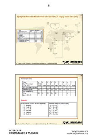11

21

Ejemplo Balance de Masa Circuito de Flotación (Un Flujo y todas las Leyes)

Dr. Cristian Vargas Riquelme - cvargas@expo.intercade.org - Consultor Intercade

22

Dr. Cristian Vargas Riquelme - cvargas@expo.intercade.org - Consultor Intercade

INTERCADE
CONSULTANCY & TRAINING

www.intercade.org
contacto@intercade.org

 