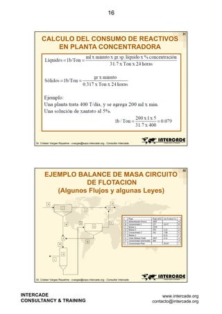 16

31

CALCULO DEL CONSUMO DE REACTIVOS
EN PLANTA CONCENTRADORA

Dr. Cristian Vargas Riquelme - cvargas@expo.intercade.org - Consultor Intercade

EJEMPLO BALANCE DE MASA CIRCUITO
DE FLOTACION
(Algunos Flujos y algunas Leyes)

32

Dr. Cristian Vargas Riquelme - cvargas@expo.intercade.org - Consultor Intercade

INTERCADE
CONSULTANCY & TRAINING

www.intercade.org
contacto@intercade.org

 