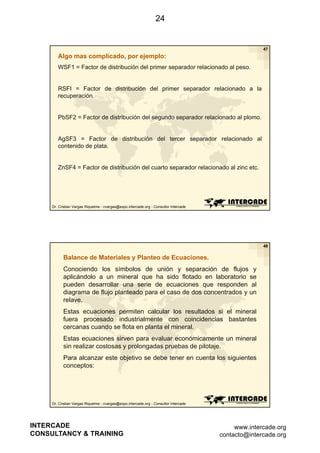 24

47

Algo mas complicado, por ejemplo:
WSF1 = Factor de distribución del primer separador relacionado al peso.

RSFI = Factor de distribución del primer separador relacionado a la
recuperación.

PbSF2 = Factor de distribución del segundo separador relacionado al plomo.

AgSF3 = Factor de distribución del tercer separador relacionado al
contenido de plata.

ZnSF4 = Factor de distribución del cuarto separador relacionado al zinc etc.

Dr. Cristian Vargas Riquelme - cvargas@expo.intercade.org - Consultor Intercade

48

Balance de Materiales y Planteo de Ecuaciones.
Conociendo los símbolos de unión y separación de flujos y
aplicándolo a un mineral que ha sido flotado en laboratorio se
pueden desarrollar una serie de ecuaciones que responden al
diagrama de flujo planteado para el caso de dos concentrados y un
relave.
Estas ecuaciones permiten calcular los resultados si el mineral
fuera procesado industrialmente con coincidencias bastantes
cercanas cuando se flota en planta el mineral.
Estas ecuaciones sirven para evaluar económicamente un mineral
sin realizar costosas y prolongadas pruebas de pilotaje.
Para alcanzar este objetivo se debe tener en cuenta los siguientes
conceptos:

Dr. Cristian Vargas Riquelme - cvargas@expo.intercade.org - Consultor Intercade

INTERCADE
CONSULTANCY & TRAINING

www.intercade.org
contacto@intercade.org

 