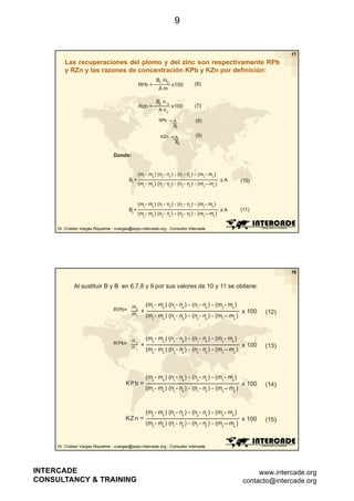 9

17

Las recuperaciones del plomo y del zinc son respectivamente RPb
y RZn y las razones de concentración KPb y KZn por definición:
RPb =

Rzn =

B1 m2
Am
B2 n 3
A n1

x100

(6)

x100

(7)

KPb = A
B1
KZn = A
B2

(8)
(9)

Donde:

B1 =

B2 =

(m1 - m4 ) (n3 - n4 ) - (n1 - n4 ) - (m3 - m4 )
(m2 - m4 ) (n3 - n4 ) - (n2 - n4 ) - (m3 m4 )

(m2 - m4 ) (n1 - n4 ) - (n1 - n4 ) - (m2 - m4 )
(m2 - m4 ) (n3 - n4 ) - (n2 - n4 ) - (m3 m4 )

xA

(10)

xA

(11)

Dr. Cristian Vargas Riquelme - cvargas@expo.intercade.org - Consultor Intercade

18

Al sustituir B y B en 6,7,8 y 9 por sus valores de 10 y 11 se obtiene:

R Pb=

(m1 - m4 ) (n3 - n4 ) - (n1 - n4 ) - (m3 - m4 )
m2
x
x 100
m1
(m2 - m4 ) (n3 - n4 ) - (n2 - n4 ) - (m3 m4 )

(12)

R Pb=

(m2 - m4 ) (n1 - n4 ) - (n1 - n4 ) - (m2 - m4 )
n3
x
x 100
n1
(m2 - m4 ) (n3 - n4 ) - (n2 - n4 ) - (m3 m4 )

(13)

KPb =

KZ n =

(m2 - m4 ) (n3 - n4 ) - (n2 - n4 ) - (m3 - m4 )
(m1 - m4 ) (n3 - n4 ) - (n1 - n4 ) - (m3 m4 )

(m2 - m4 ) (n3 - n4 ) - (n2 - n4 ) - (m3 - m4 )
(m2 - m4 ) (n1 - n4 ) - (n1 - n4 ) - (m2 m4 )

x 100

(14)

x 100

(15)

Dr. Cristian Vargas Riquelme - cvargas@expo.intercade.org - Consultor Intercade

INTERCADE
CONSULTANCY & TRAINING

www.intercade.org
contacto@intercade.org

 