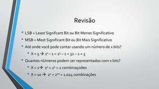 Revisão
• LSB = Least Signifcant Bit ou Bit Menos Significativo
• MSB = Most Significant Bit ou Bit Mais Significativo
• Até onde você pode contar usando um número de x bits?
• X = 5  2x – 1 = 25 – 1 = 32 – 1 = 3
• Quantos nUmeros podem ser representados com x bits?
• X = 1 2x = 21 = 2 combinaçoões
• X = 10  2x = 210 = 1.024 combinações
 