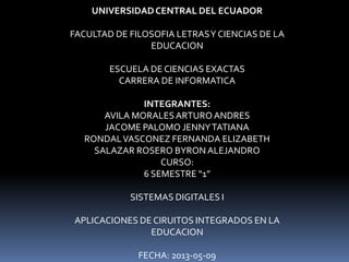 UNIVERSIDADCENTRAL DEL ECUADOR
FACULTAD DE FILOSOFIA LETRASY CIENCIAS DE LA
EDUCACION
ESCUELA DE CIENCIAS EXACTAS
CARRERA DE INFORMATICA
INTEGRANTES:
AVILA MORALESARTURO ANDRES
JACOME PALOMO JENNYTATIANA
RONDALVASCONEZ FERNANDA ELIZABETH
SALAZAR ROSERO BYRON ALEJANDRO
CURSO:
6 SEMESTRE “1”
SISTEMAS DIGITALES I
APLICACIONES DE CIRUITOS INTEGRADOS EN LA
EDUCACION
FECHA: 2013-05-09
 