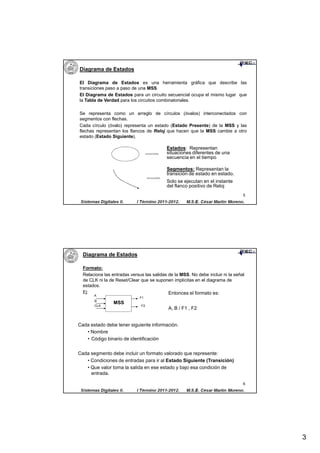 Diagrama de Estados

El Diagrama de Estados es una herramienta gráfica que describe las
transiciones paso a paso de una MSS.
El Diagrama de Estados para un circuito secuencial ocupa el mismo lugar que
la Tabla de Verdad para los circuitos combinatoriales.

Se representa como un arreglo de círculos (óvalos) interconectados con
segmentos con flechas.
Cada círculo (óvalo) representa un estado (Estado Presente) de la MSS y las
flechas representan los flancos de Reloj que hacen que la MSS cambie a otro
estado (Estado Siguiente).

                                           Estados: Representan
                                           situaciones diferentes de una
                                           secuencia en el tiempo

                                           Segmentos: Representan la
                                           transición de estado en estado.
                                           Solo se ejecutan en el instante
                                           del flanco positivo de Reloj
                                                                                 5




  Diagrama de Estados

  Formato:
  Relaciona las entradas versus las salidas de la MSS. No debe incluir ni la señal
  de CLK ni la de Reset/Clear que se suponen implícitas en el diagrama de
  estados.
  Ej:                                       Entonces el formato es:
       A
                              F1
       B
                 MSS
       CLK                    F2
                                            A, B / F1 , F2


Cada estado debe tener siguiente información.
   • Nombre
   • Código binario de identificación


Cada segmento debe incluir un formato valorado que represente:
   • Condiciones de entradas para ir al Estado Siguiente (Transición)
   • Que valor toma la salida en ese estado y bajo esa condición de
     entrada.

                                                                                 6




                                                                                     3
 